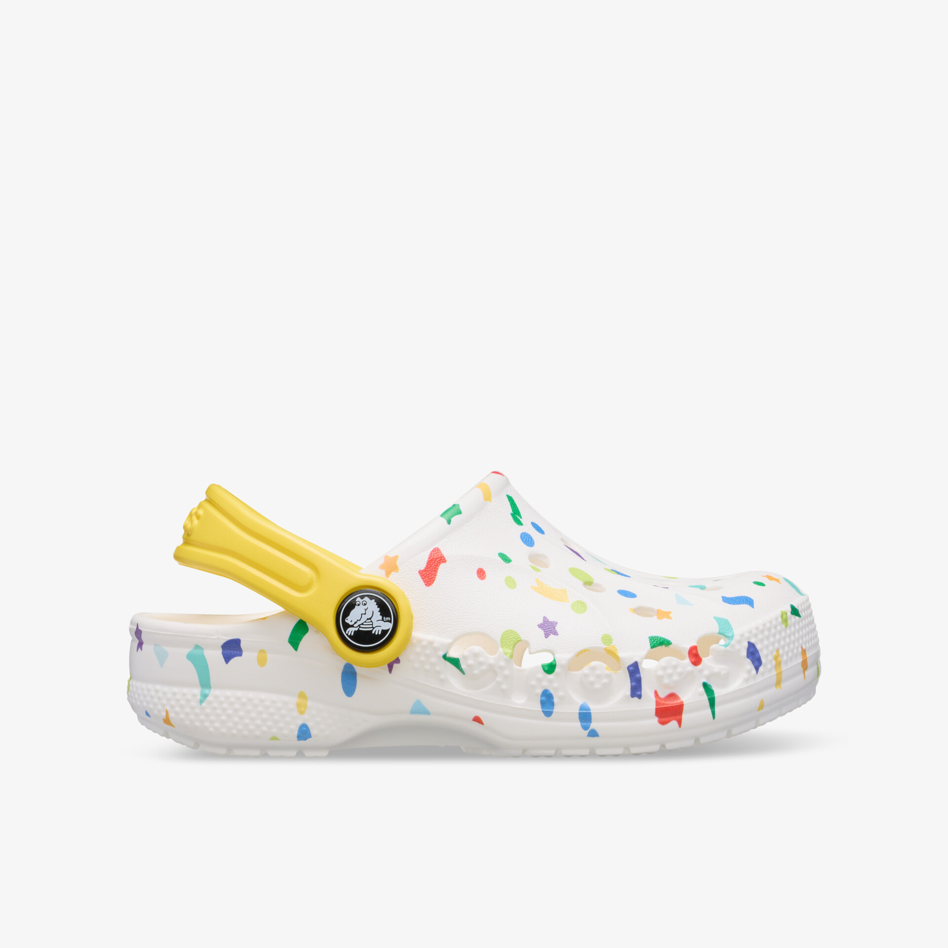 Leichter weißer Clog mit buntem Muster und gelbem verstellbarem Riemen, komfortabel und vielseitig