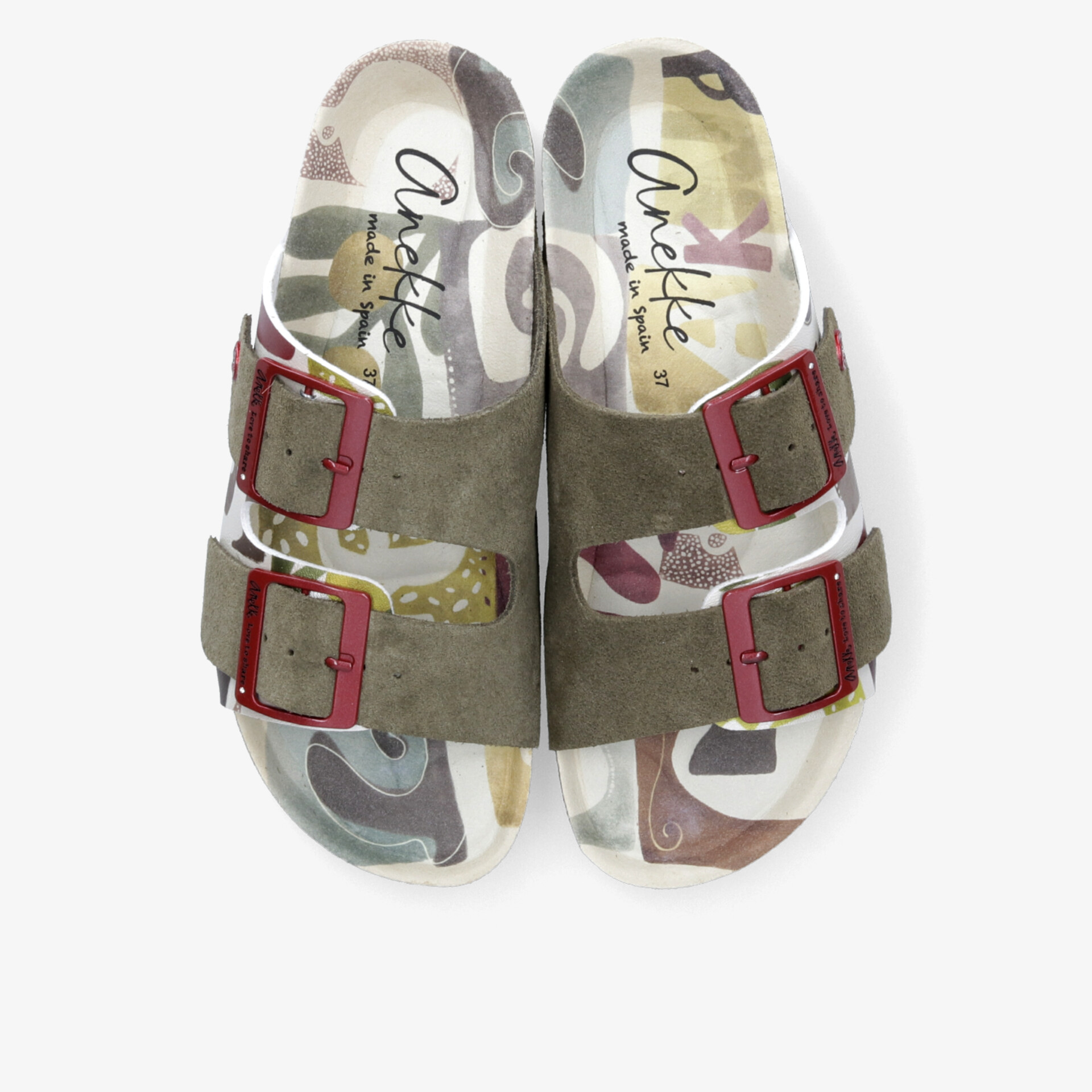 Bequeme Sandalen mit zwei roten Schnallen und gepolsterter Innensohle, bunte gemusterte Sohle, modisches und praktisches Design