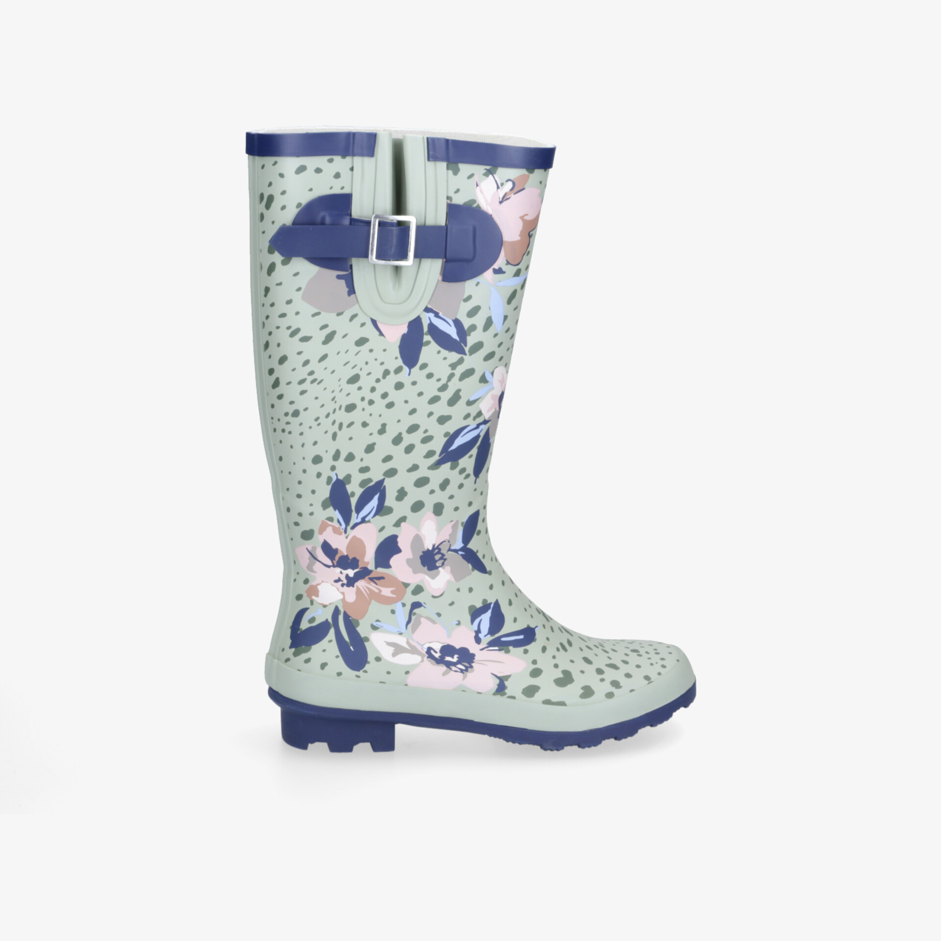 Schicke Gummistiefel mit blauem Blumenmuster und verstellbarem Schaft, perfekt für Regentage und Gartenarbeit.