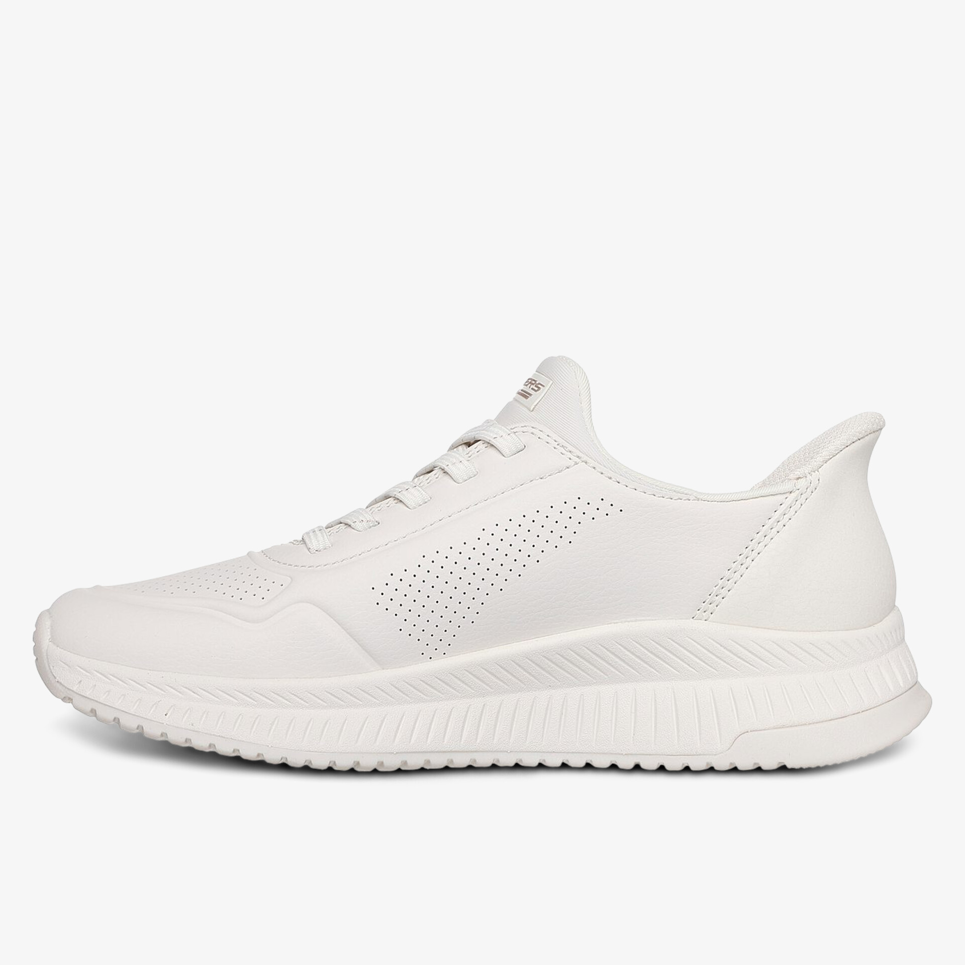 Moderner weißer Sportschuh mit atmungsaktivem Material und leicht flexibler Sohle in klarer Seitenansicht