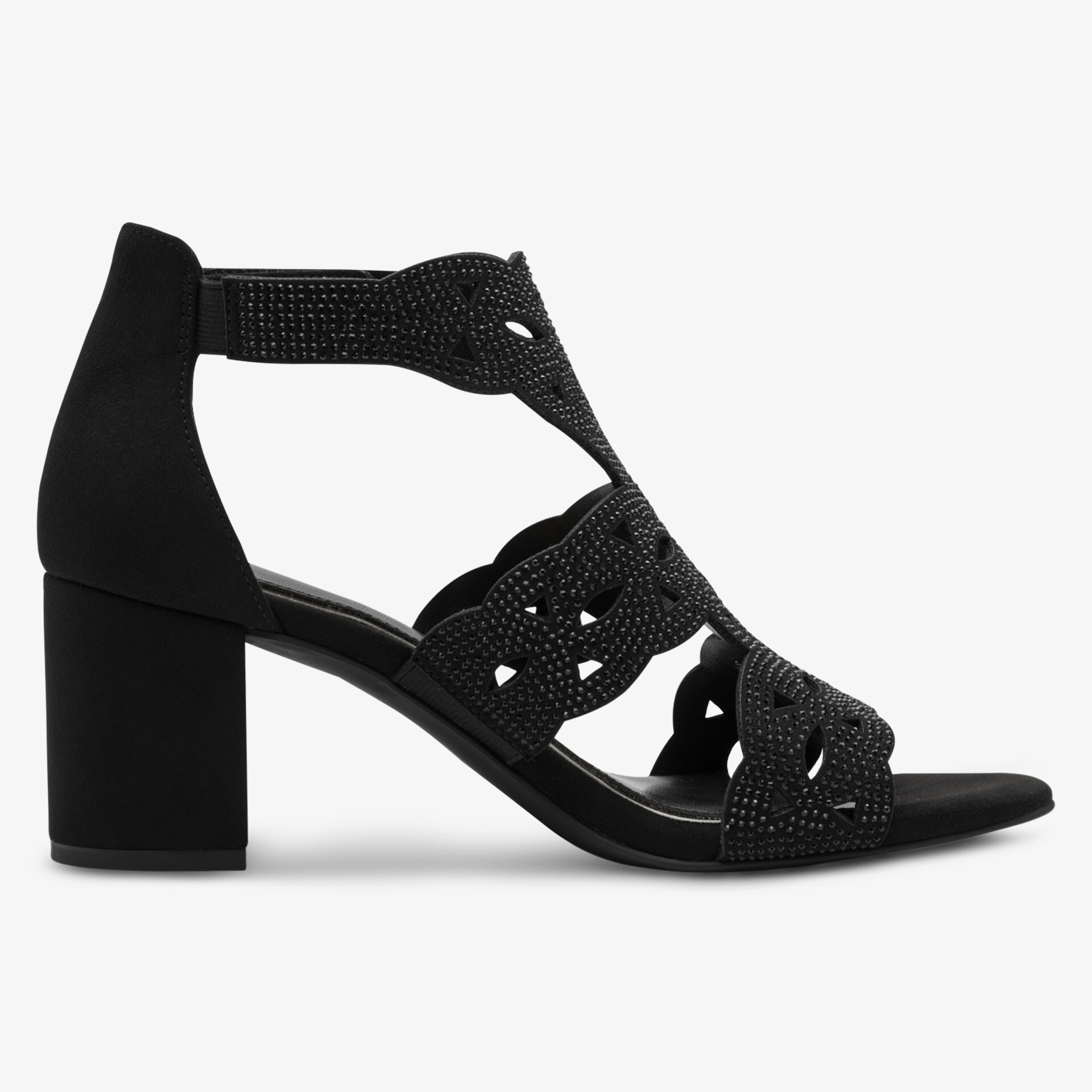 Schwarze Sandalette mit verziertem Riemendesign und stabilem Blockabsatz, elegante und komfortable Passform