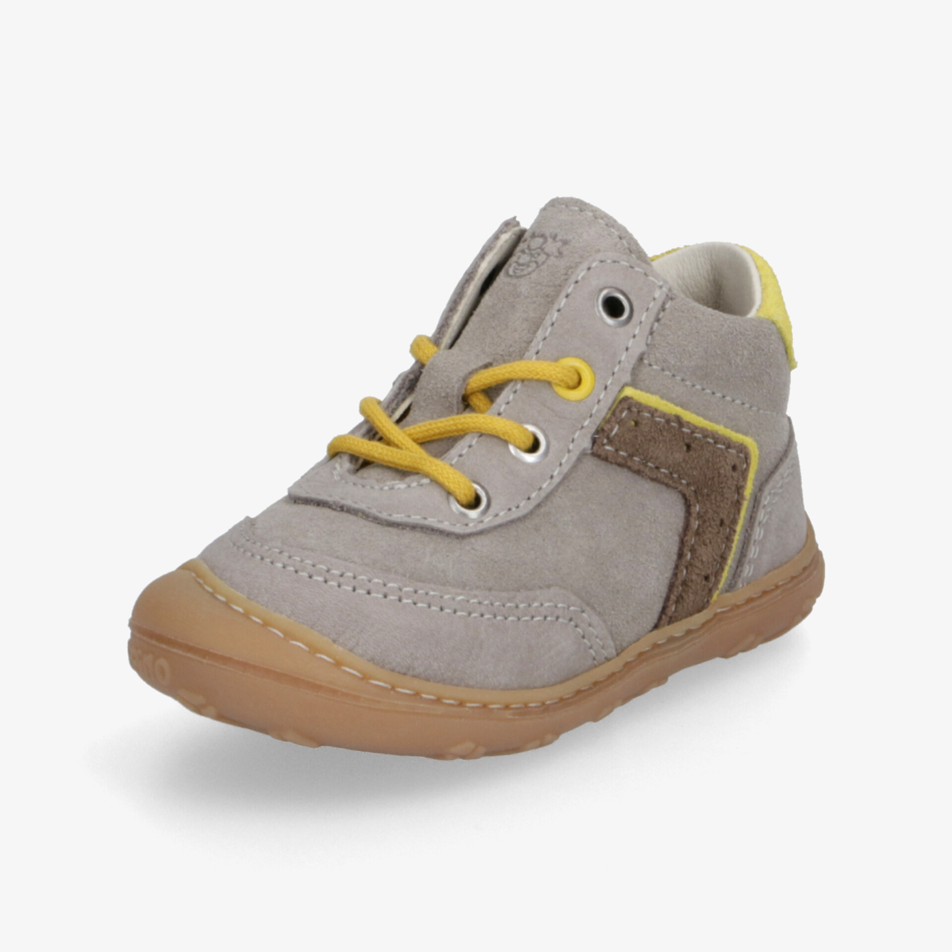Bequemer grauer Kinderschuh mit gelben Schnürsenkeln, rutschfester Sohle und flexiblem, robustem Design