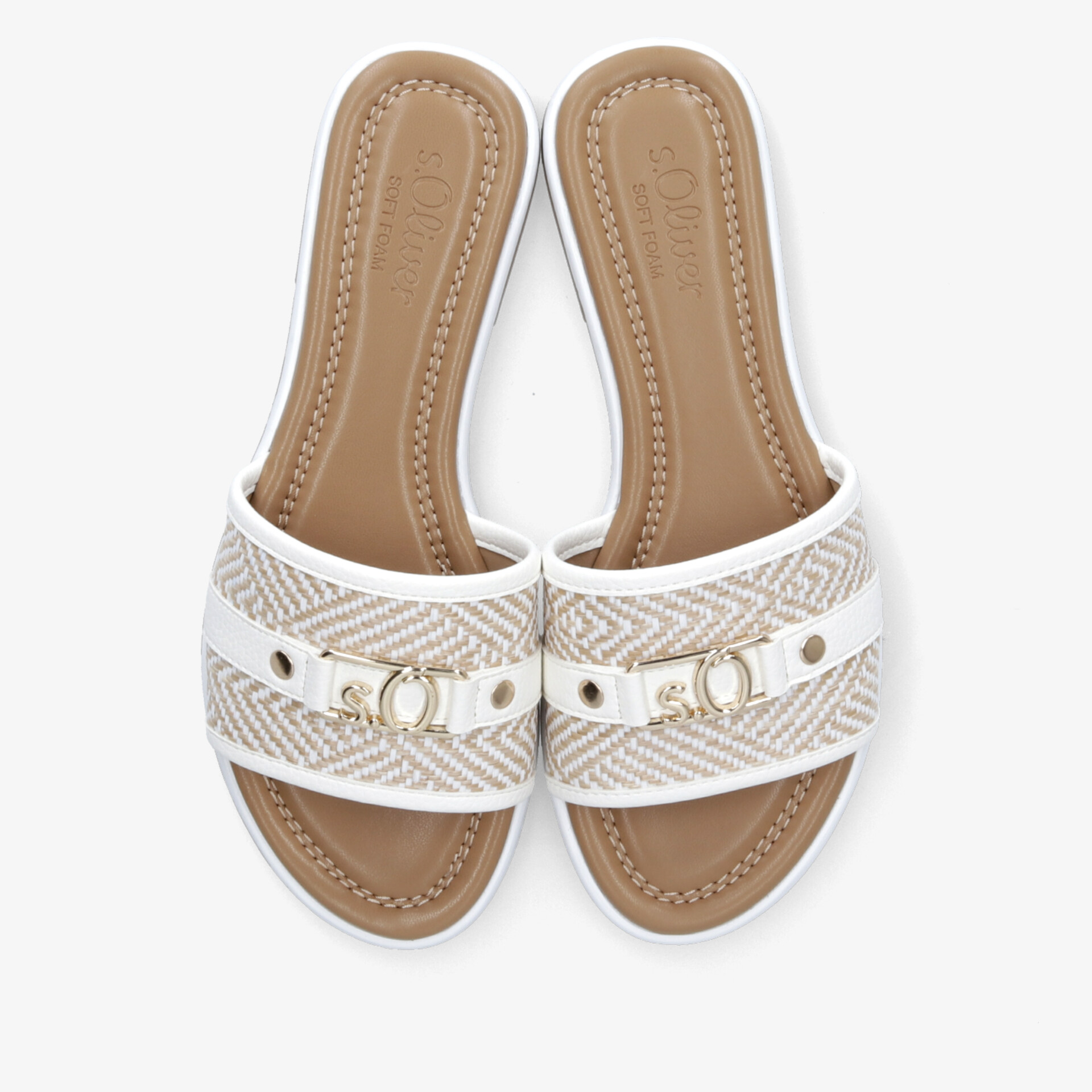 Weiße Sandaletten mit goldfarbenen Akzenten, gepolstertem Fußbett, modischem Design und bequemer Passform