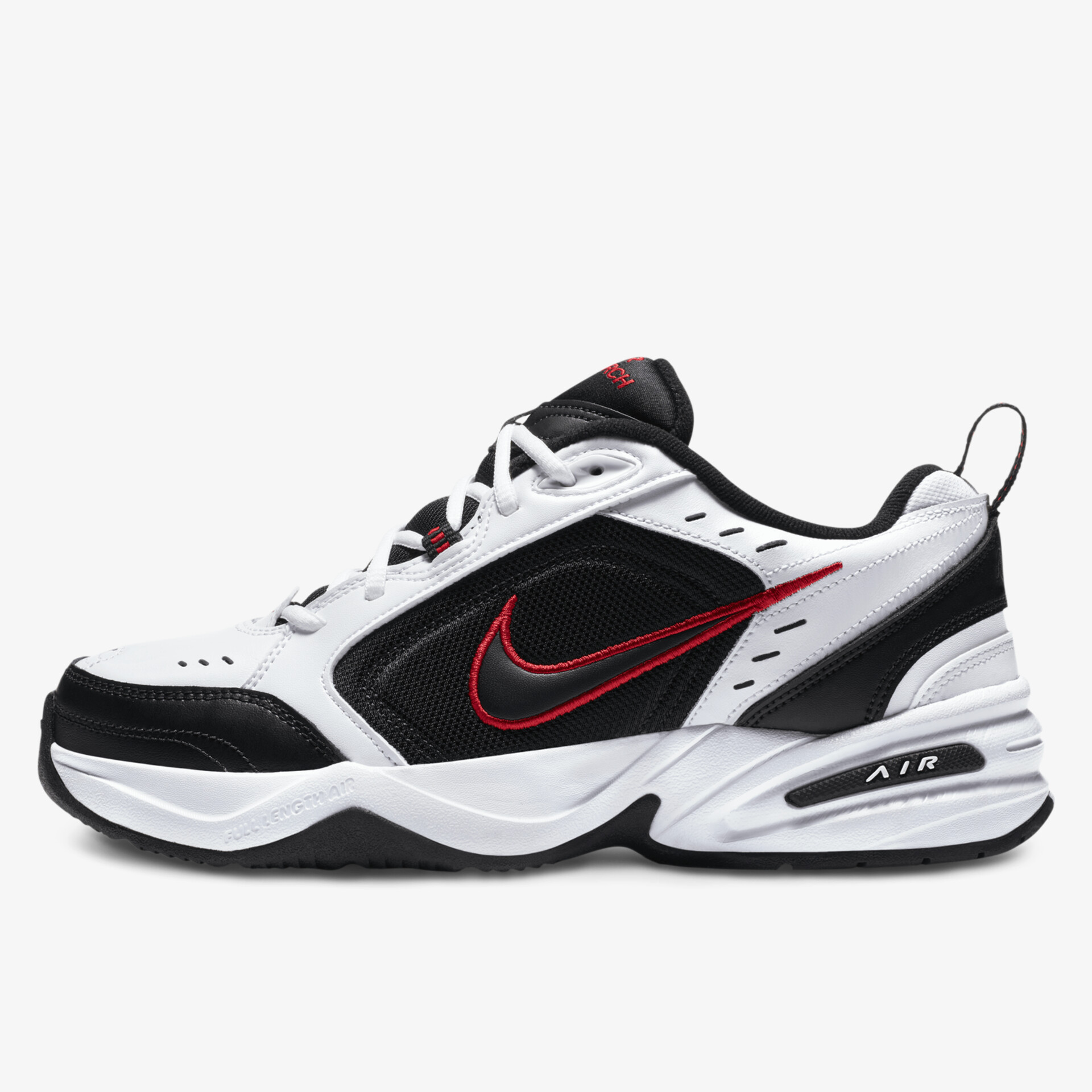 Moderner Sportschuh in Weiß-Schwarz mit rotem Akzent und bequemer Sohle.