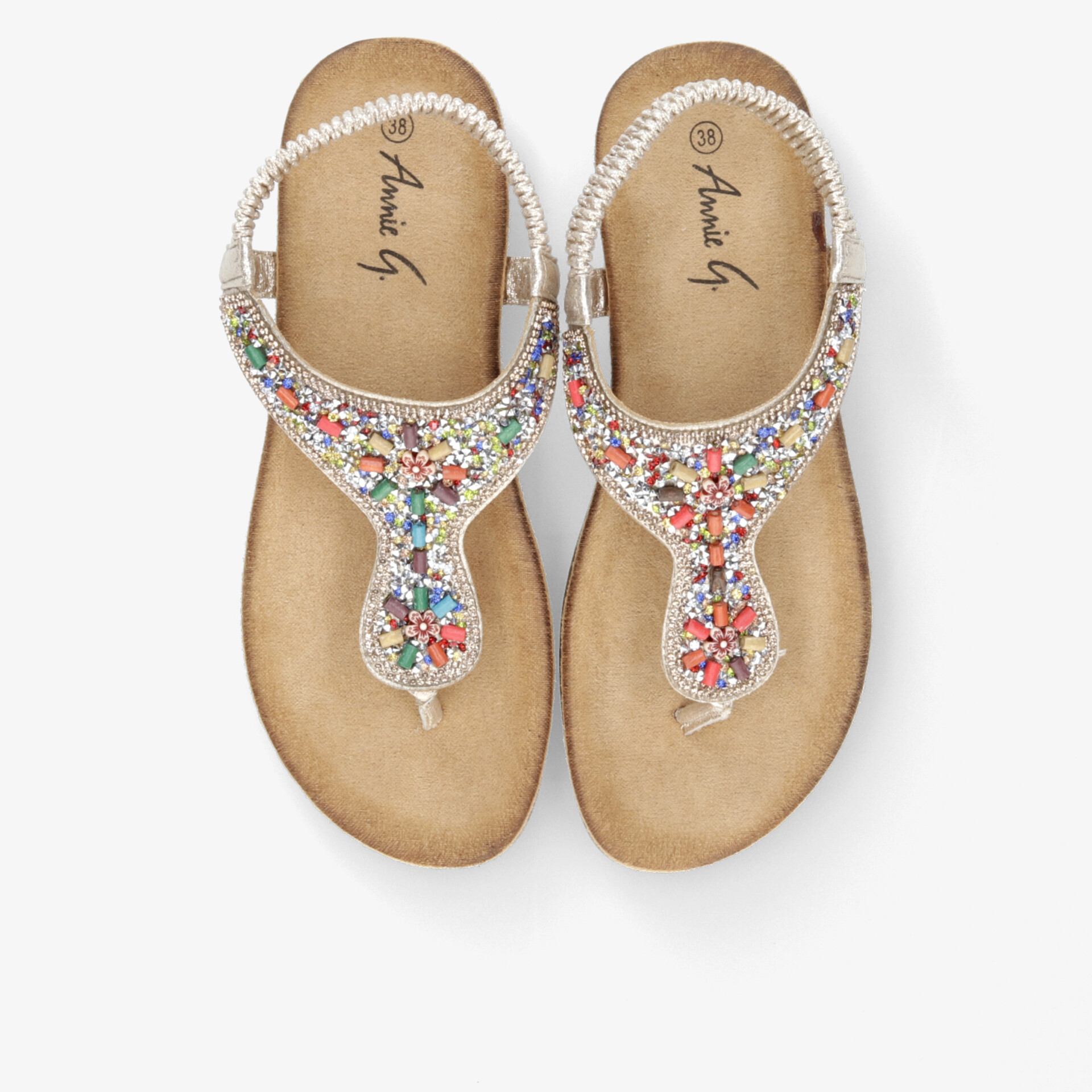 Bequeme Sandalen mit bunten Schmucksteinen, Zehensteg und weicher Sohle für stilvollen Sommerkomfort