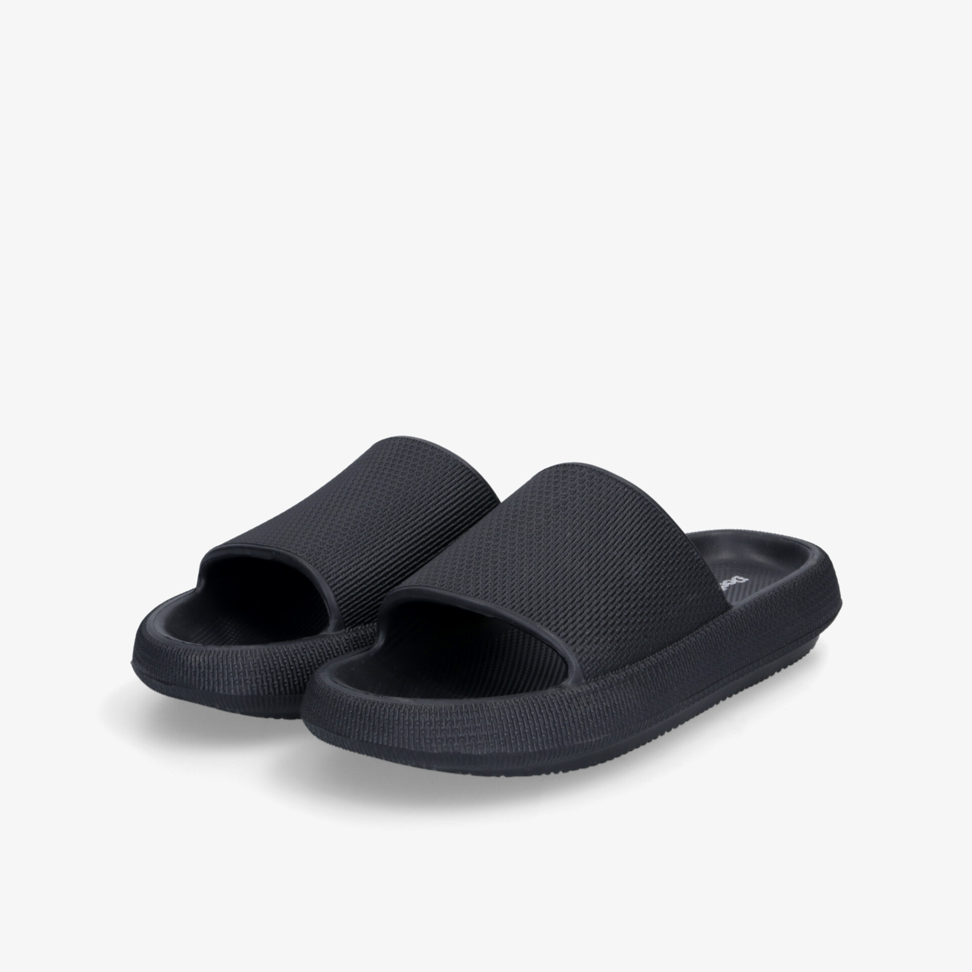 Schwarze Badelatschen mit offenem Zehenbereich und rutschfester Sohlenstruktur für hohen Tragekomfort