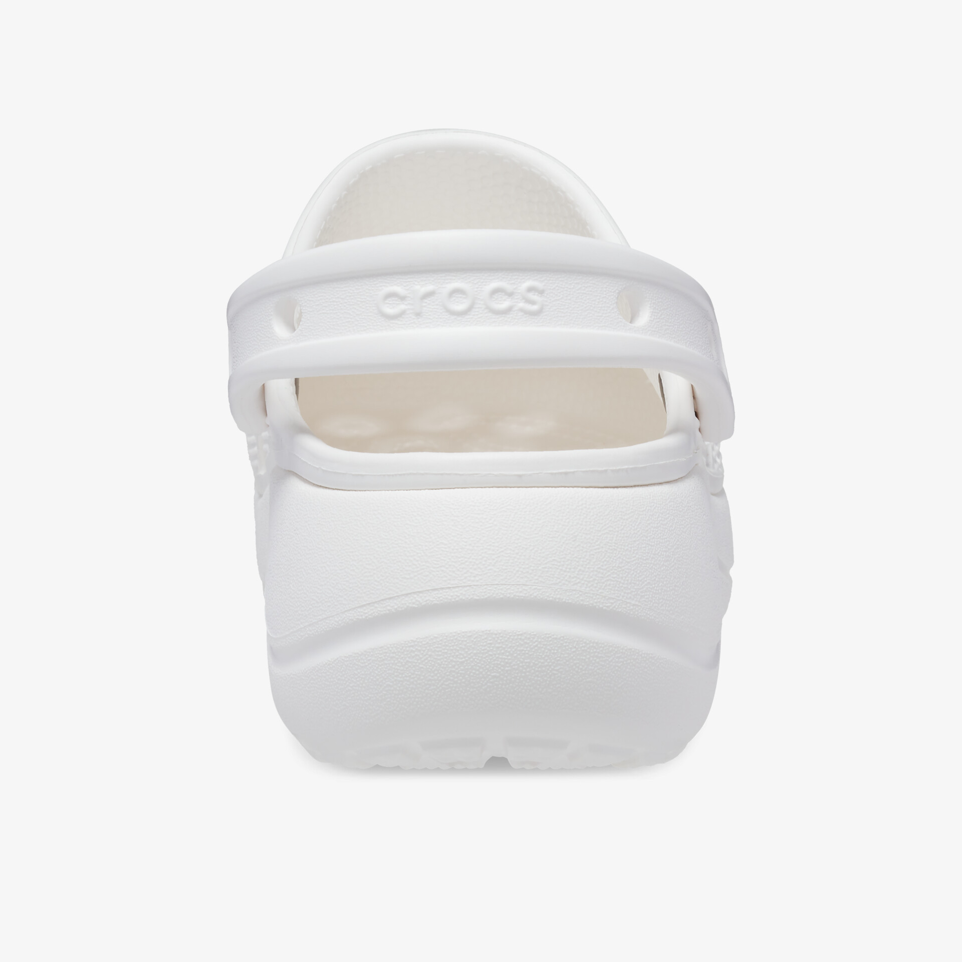 Weißer Schuh von hinten mit rutschfester Sohle und robustem, bequemen Design