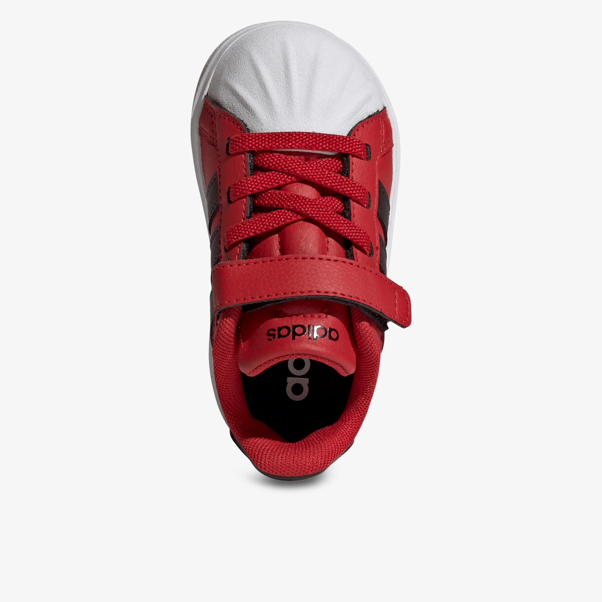 Roter Sneaker mit Klettverschluss und Schnürsenkeln, bequem und sportlich, robuste rutschfeste Sohle