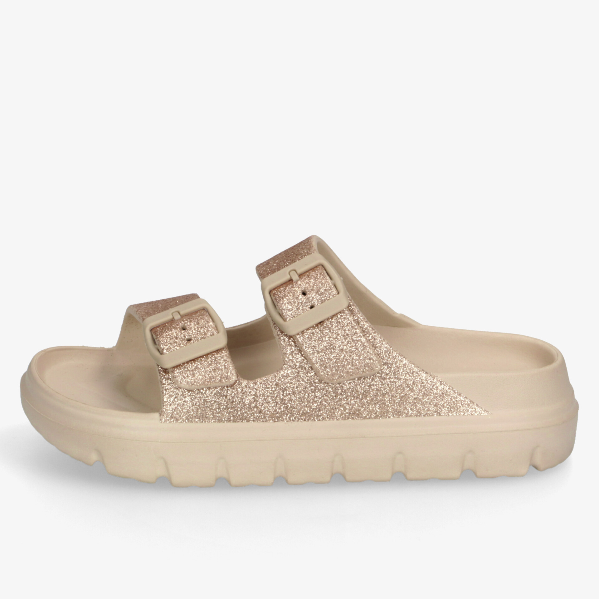 Beige Sandale mit zwei verstellbaren Riemen und gepolsterter, rutschfester Sohle für hohen Tragekomfort