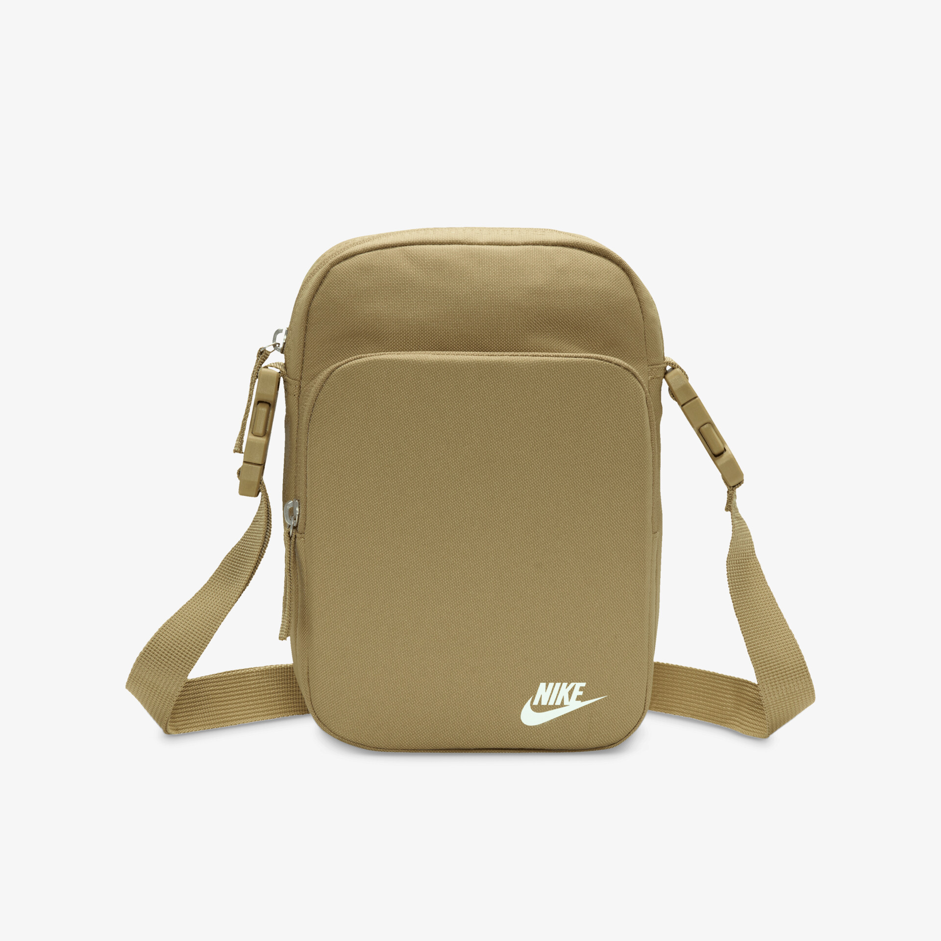 Beige Nike Umhängetasche in kompakter Größe mit verstellbarem Riemen und Fronttasche, praktische und stylische Frontansicht