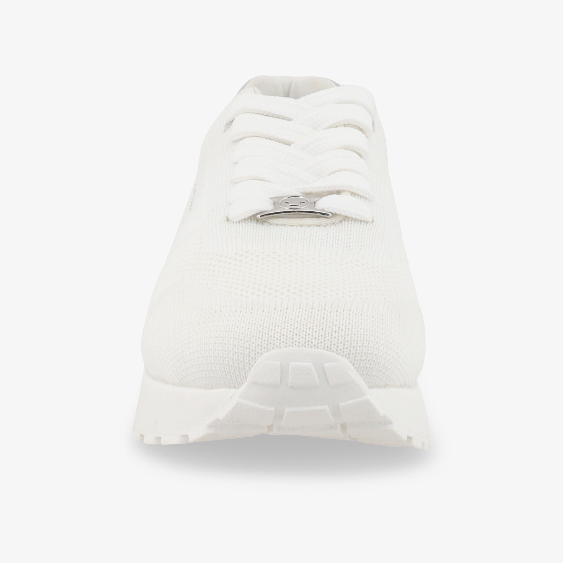 Frontansicht weißer Sneaker mit atmungsaktivem Material, flexibler Sohle und bequemem Tragekomfort