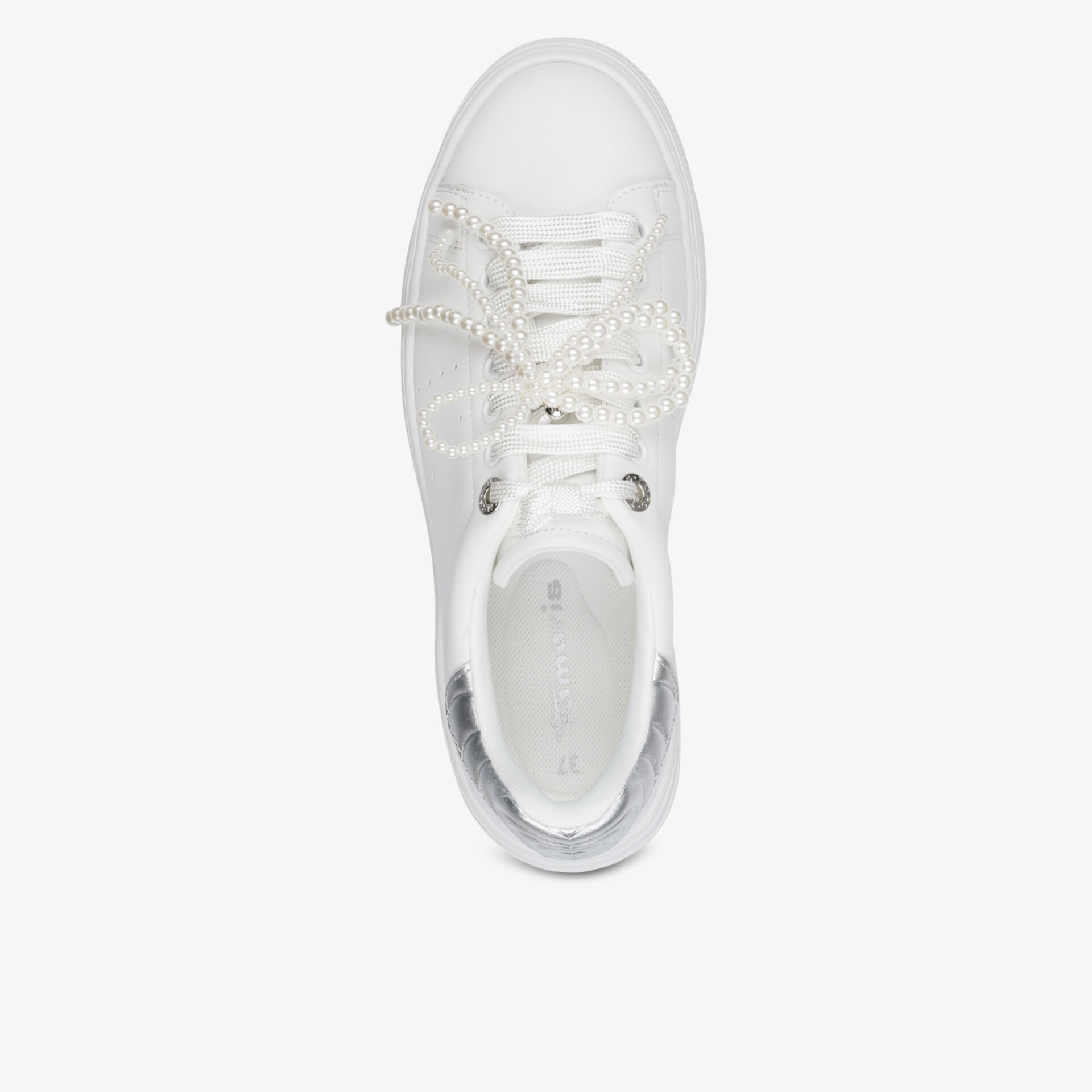 Weißer Sneaker mit bequemer Schnürung und hochwertigem Material in Draufsicht