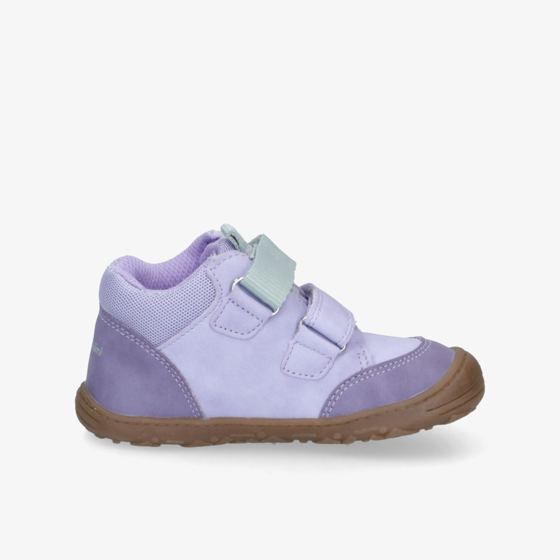 Seitenansicht lila Kinderschuh mit zwei Klettverschlüssen, bequem, rutschfeste Sohle und flexible Passform
