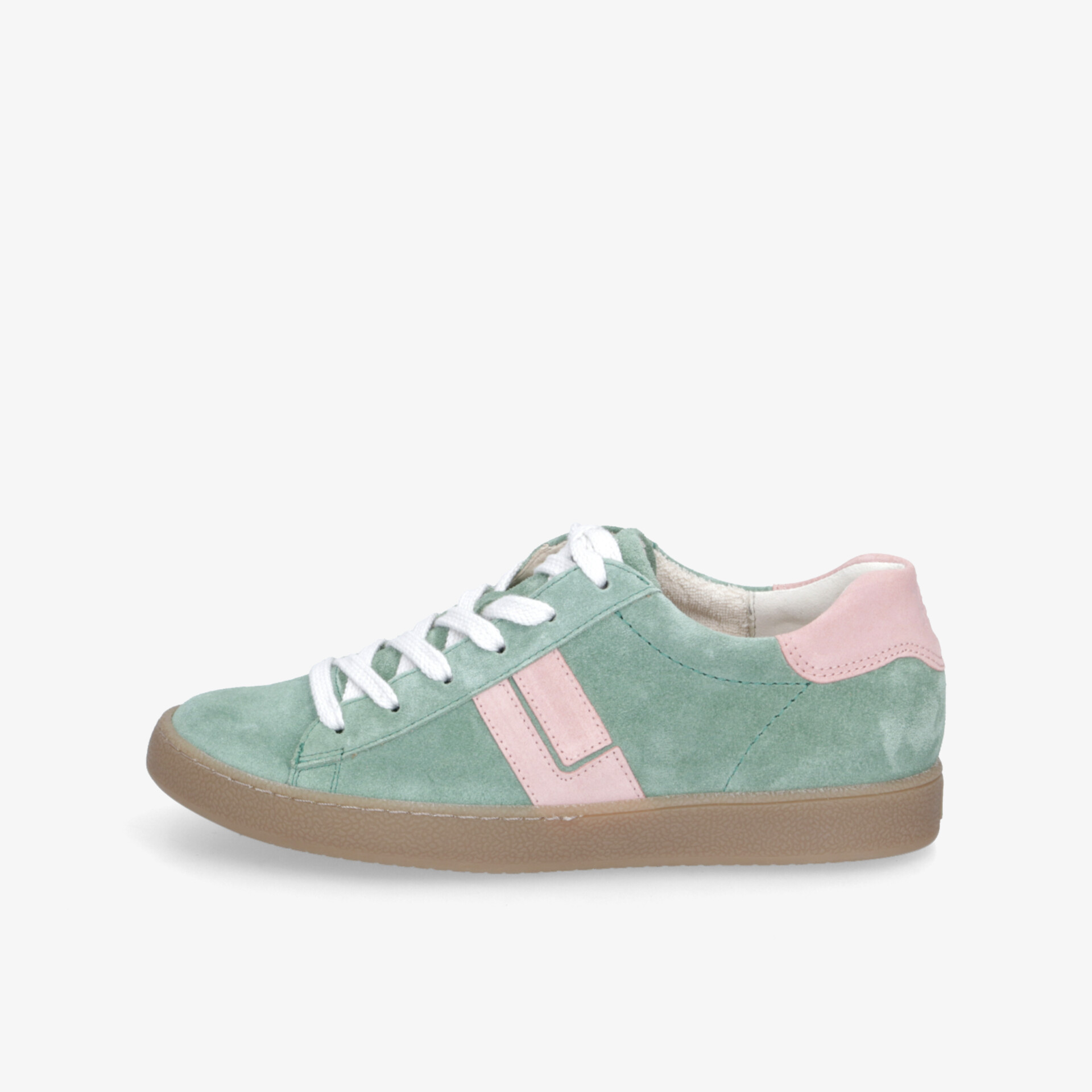 Bequemer grüner Sneaker mit rosa Akzenten und flacher Gummisohle in klarer Seitenansicht