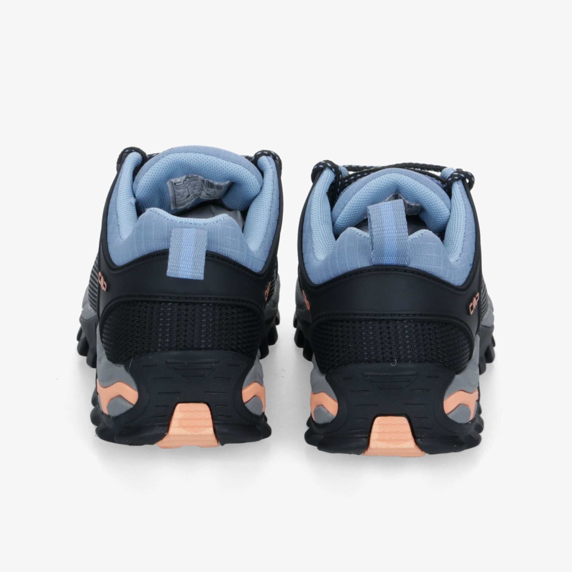 Robuste Wanderschuhe in Schwarz und Blau, gepolsterter Schaft, rutschfeste profillierte Sohle, Rückansicht