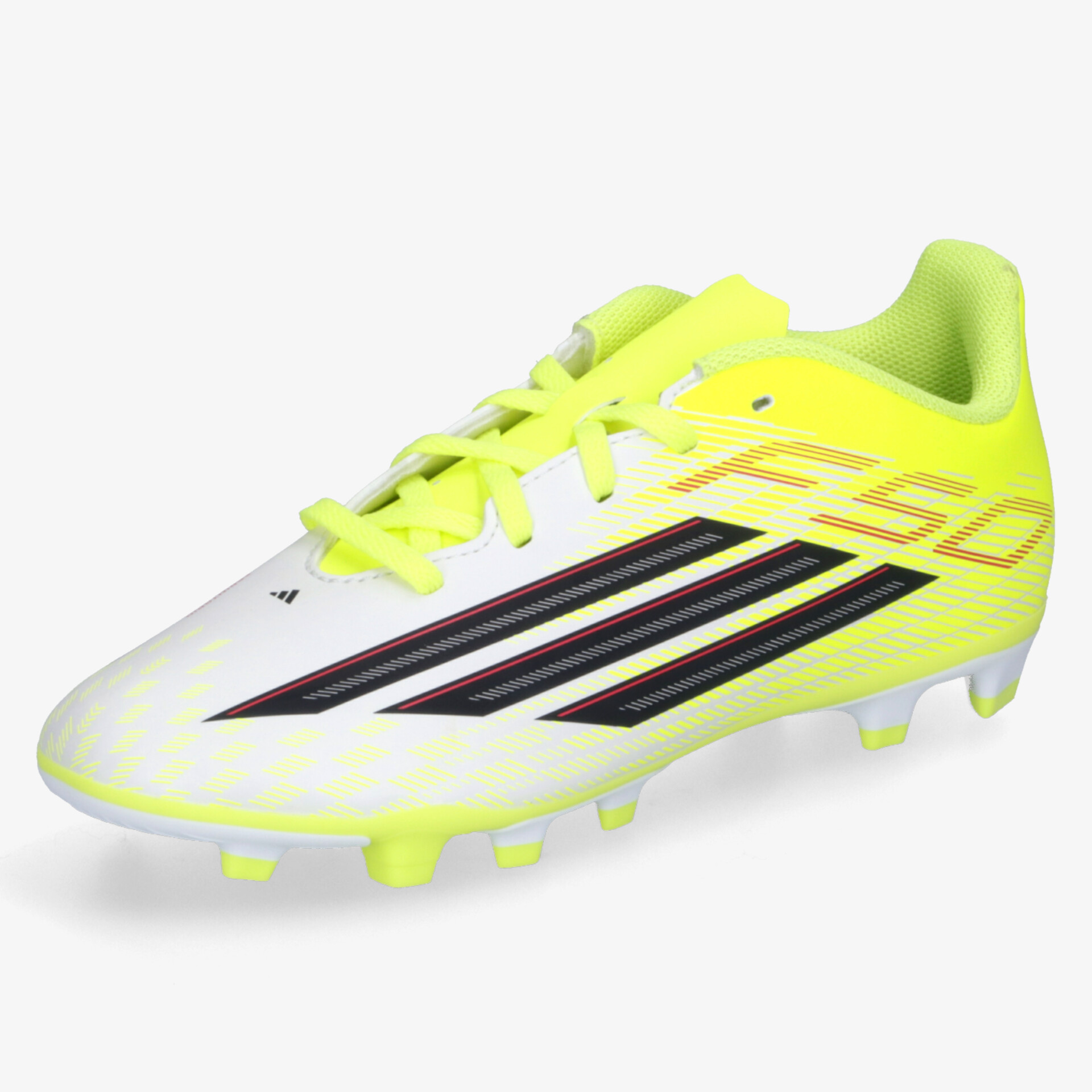 Leichter Fußballschuh in weiß und neon gelb mit robustem Material und dynamischem Design für optimale Traktion