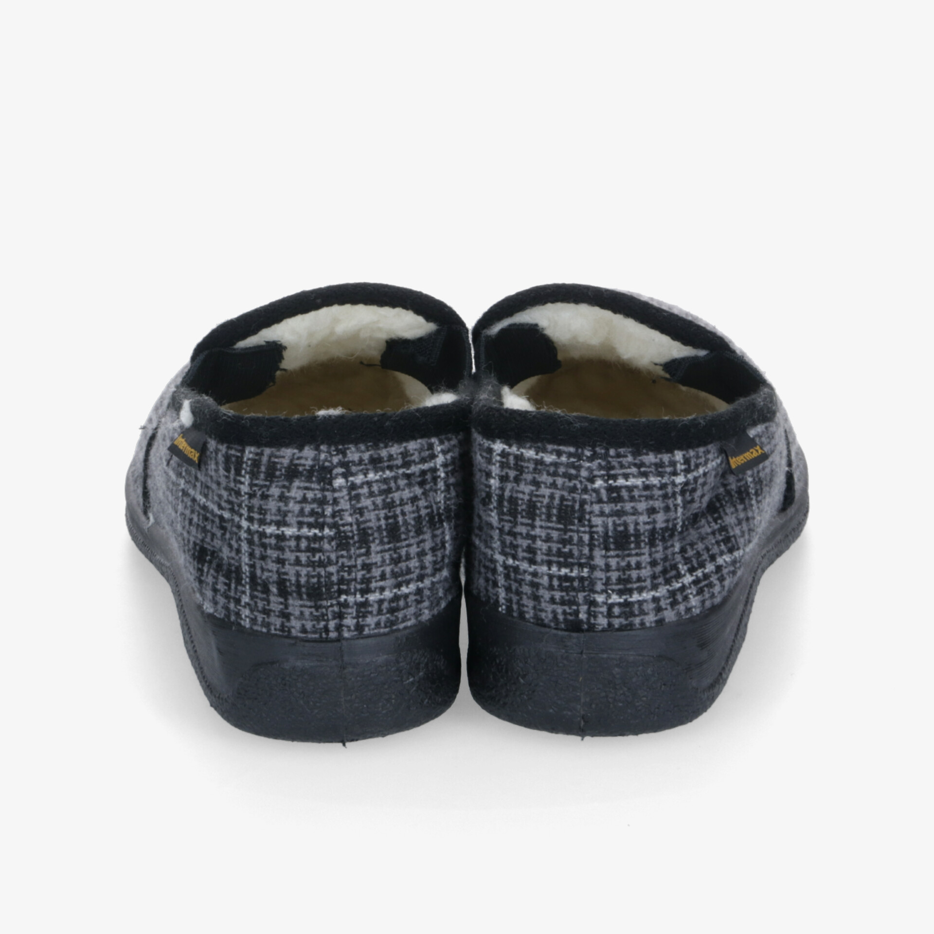 Rückansicht von grauen Hausschuhen mit kariertem Muster und weichem Innenfutter für hohen Tragekomfort