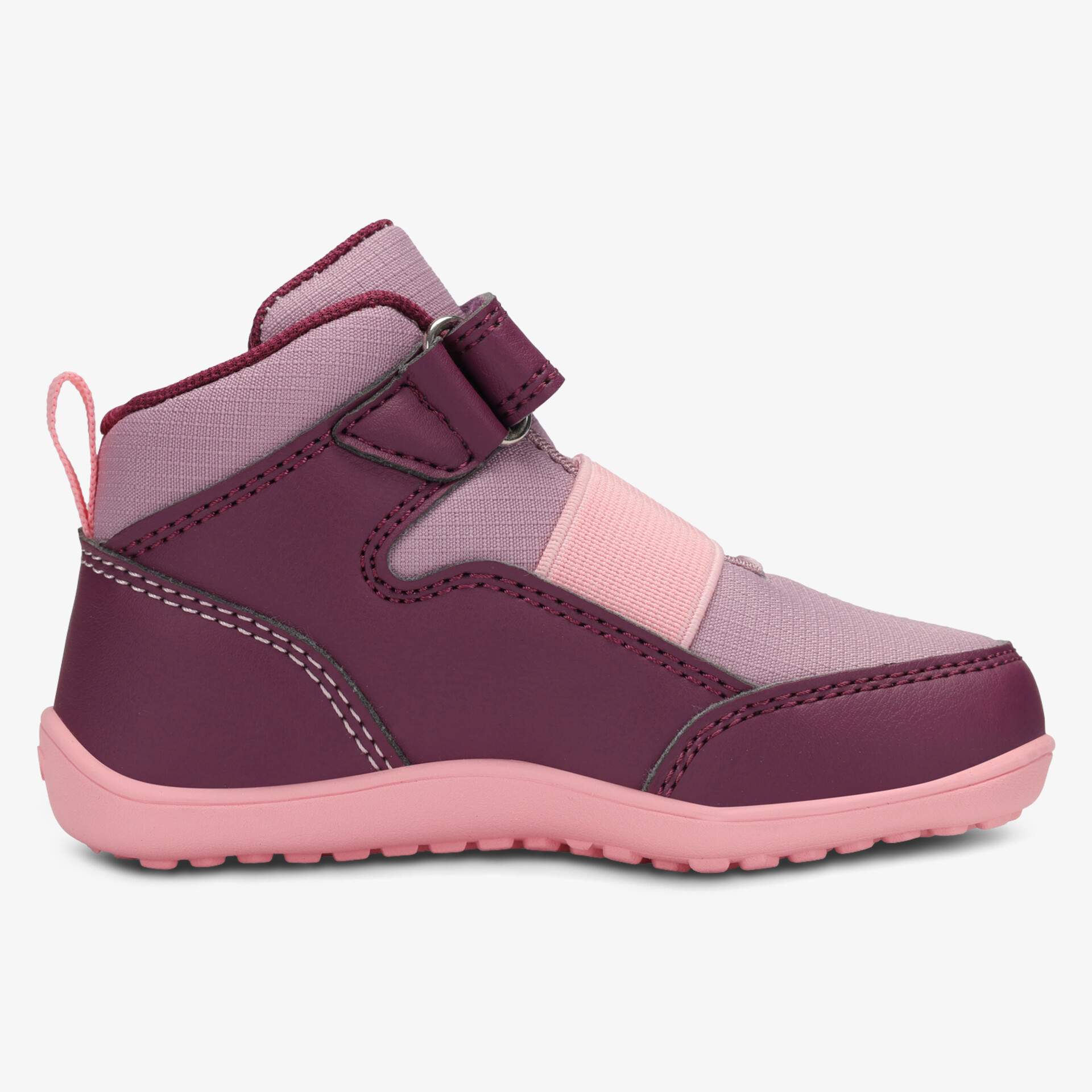Seitenansicht flexibler Kinderschuh mit Klettverschluss und rutschfester pinker Sohle