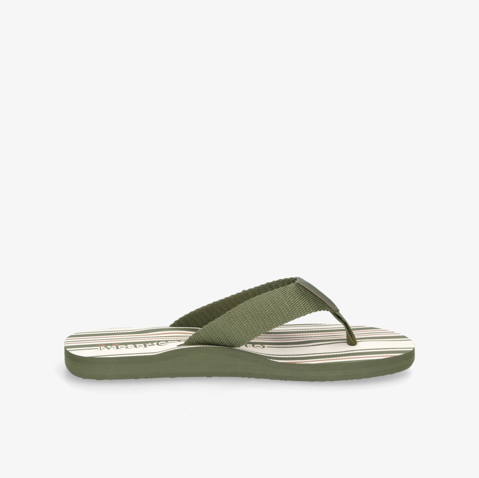Grüne Flip Flops mit gestreifter Sohle, ideal für den Sommer. Bequem und stilvoll für Freizeitaktivitäten.