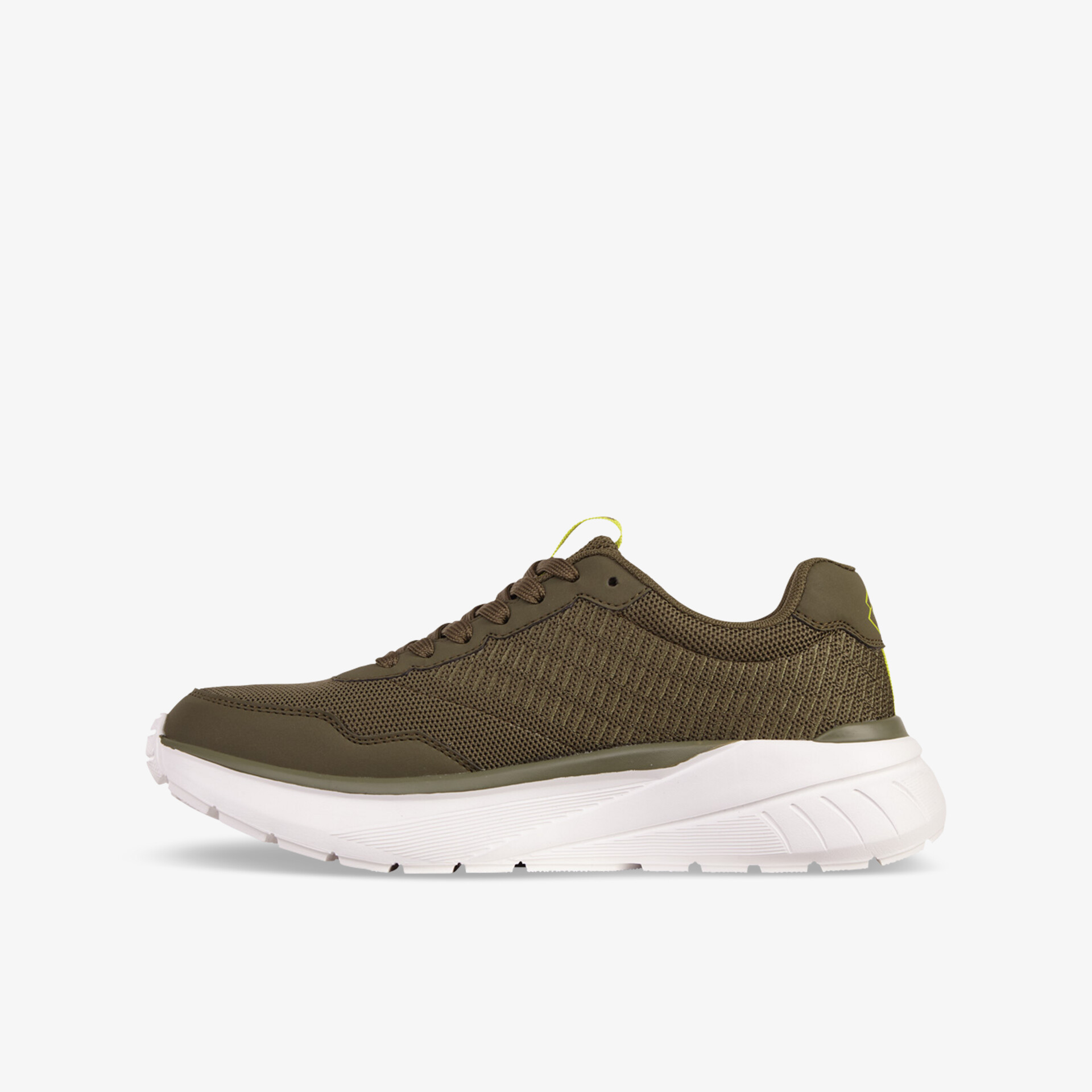 Leichter sportlicher Sneaker in Olivgrün mit weißer Sohle und atmungsaktivem Material, seitliche Ansicht