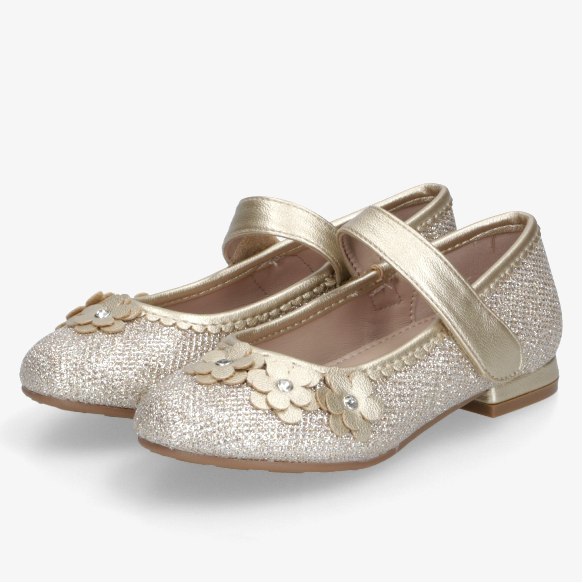 Glänzende Ballerinas mit dekorativen Blumen, gut gepolstertem Innenfutter und bequemem Verschluss