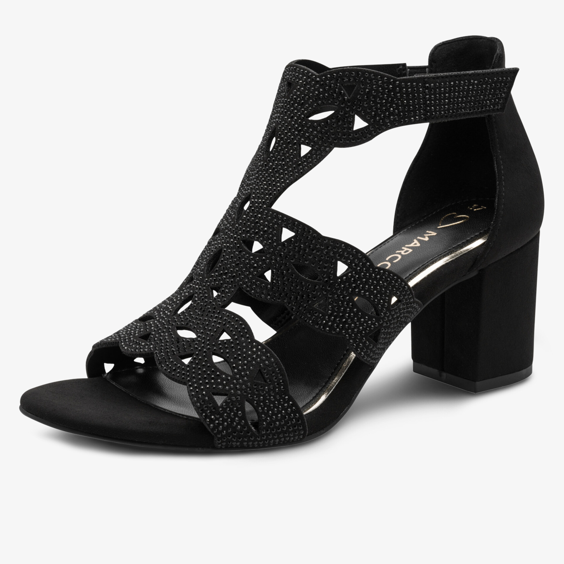 Eleganter schwarzer Absatzschuh mit komfortablem Blockabsatz und dekorativem Riemchendesign