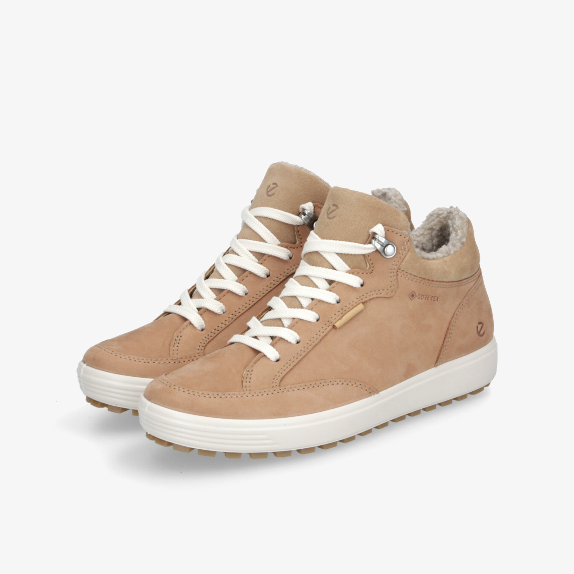 Beige Winterstiefel mit warmem Innenfutter und robusten weißen Schnürsenkeln, ideal für kalte Tage und Komfort