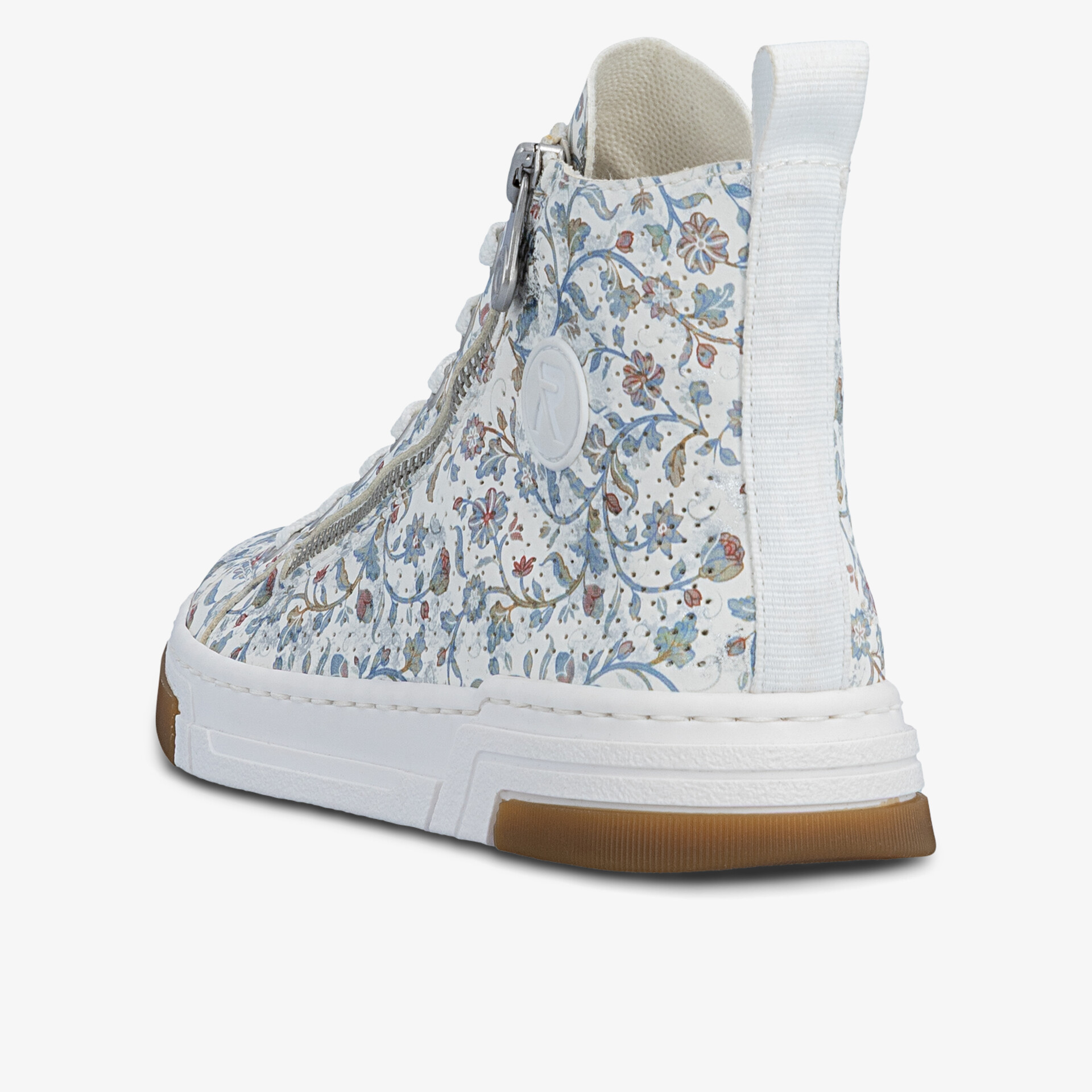 Weißer Sneaker mit floralem Muster, seitliche Ansicht zeigt Reißverschluss und komfortable Sohle