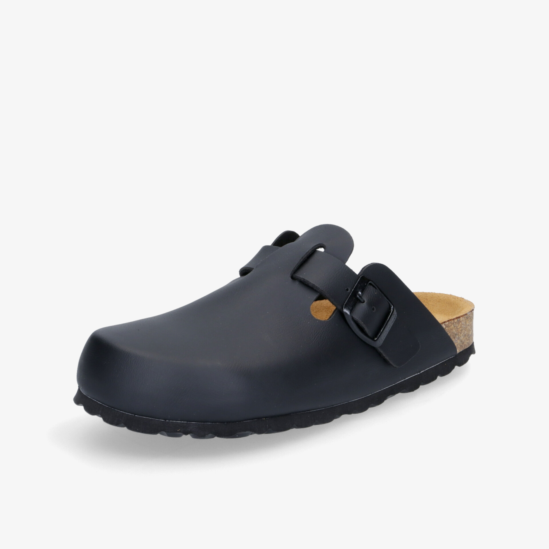 Schwarzer Komfort-Clog mit verstellbarer Schnalle und ergonomischer Fußbettung für optimalen Halt.