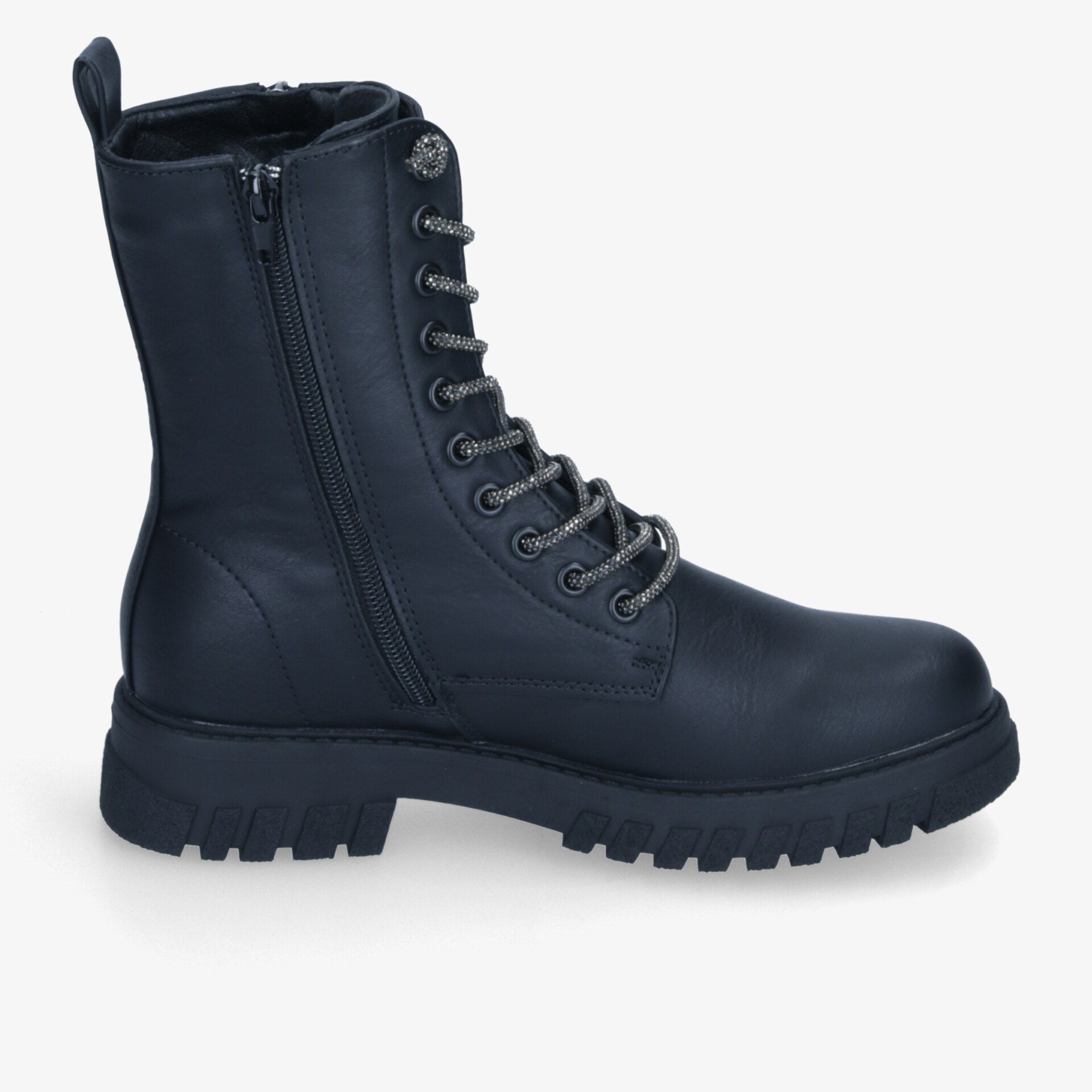 Robuster schwarzer Kampfstiefel mit seitlichem Reißverschluss und stabiler Profilsohle für vielseitigen Einsatz