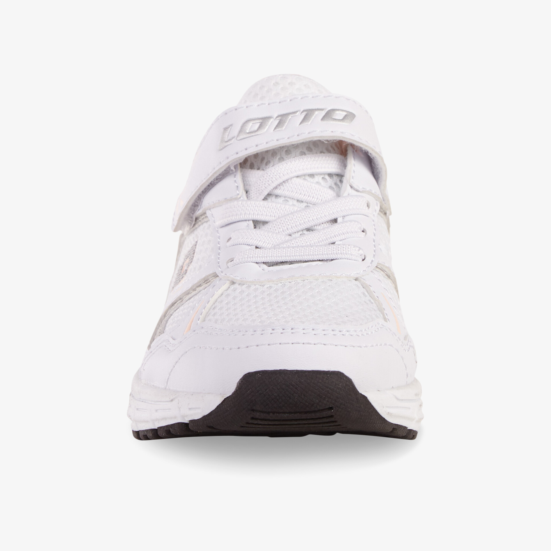 Weißer sportlicher Schuh mit Schnürsenkeln und praktischem Klettverschluss in Frontansicht