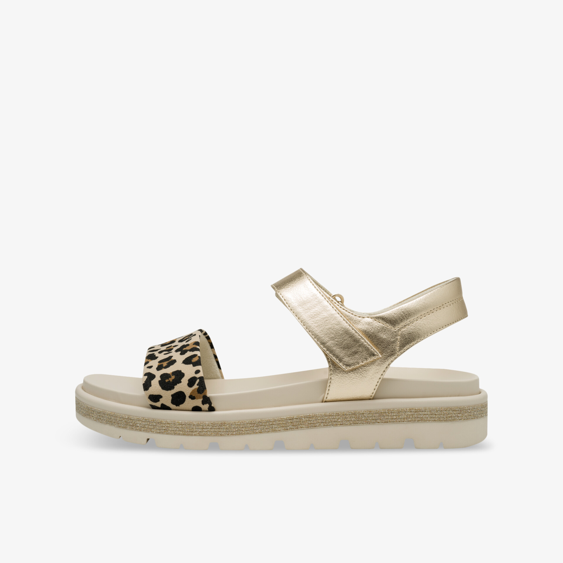 Bequeme Sandale mit verstellbarem Riemen und modischem Leopardenmuster in beiger Farbe seitlich gezeigt