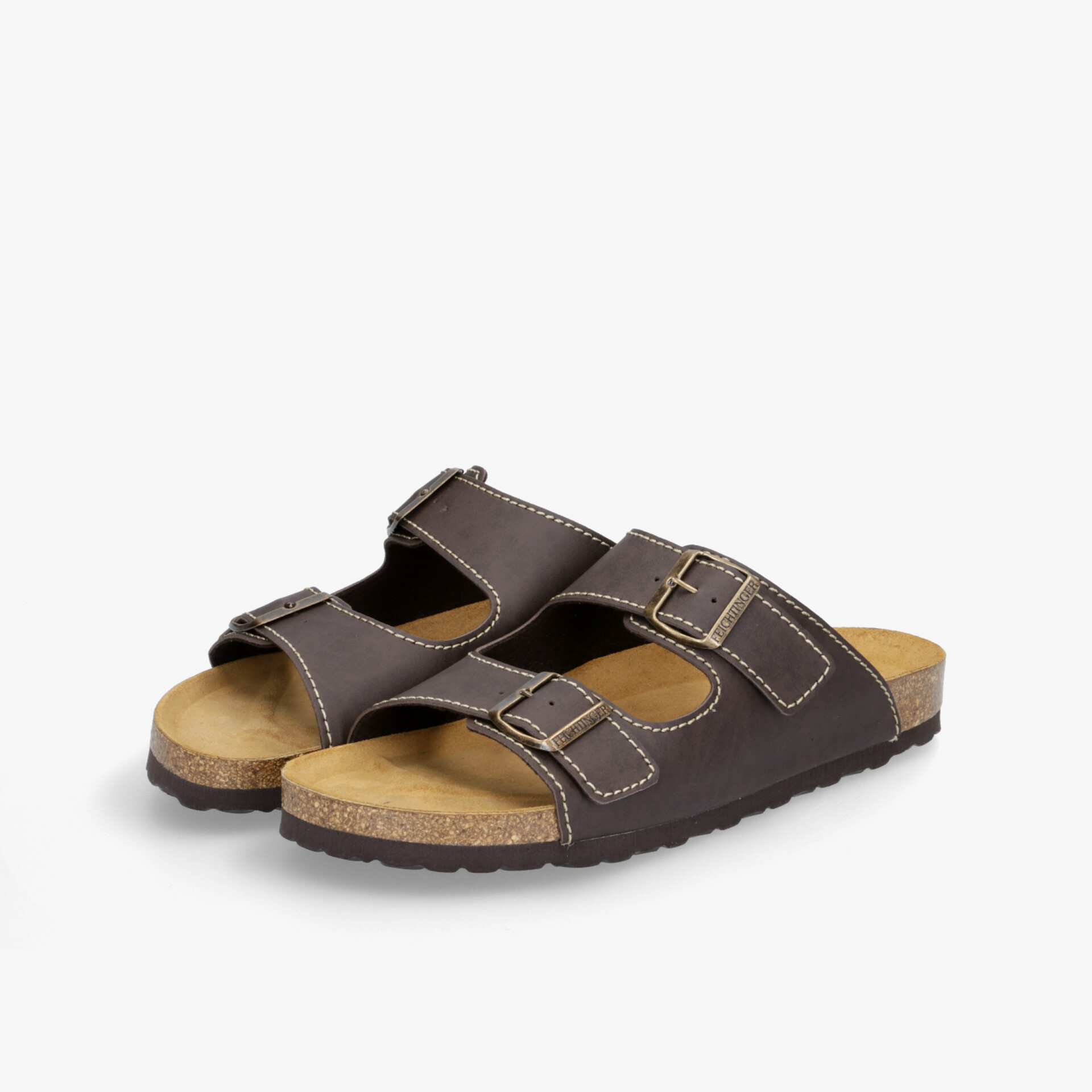 Bequeme braune Sandalen mit verstellbaren Schnallen und Korkfußbett, ideal für Freizeit und langen Tragekomfort.
