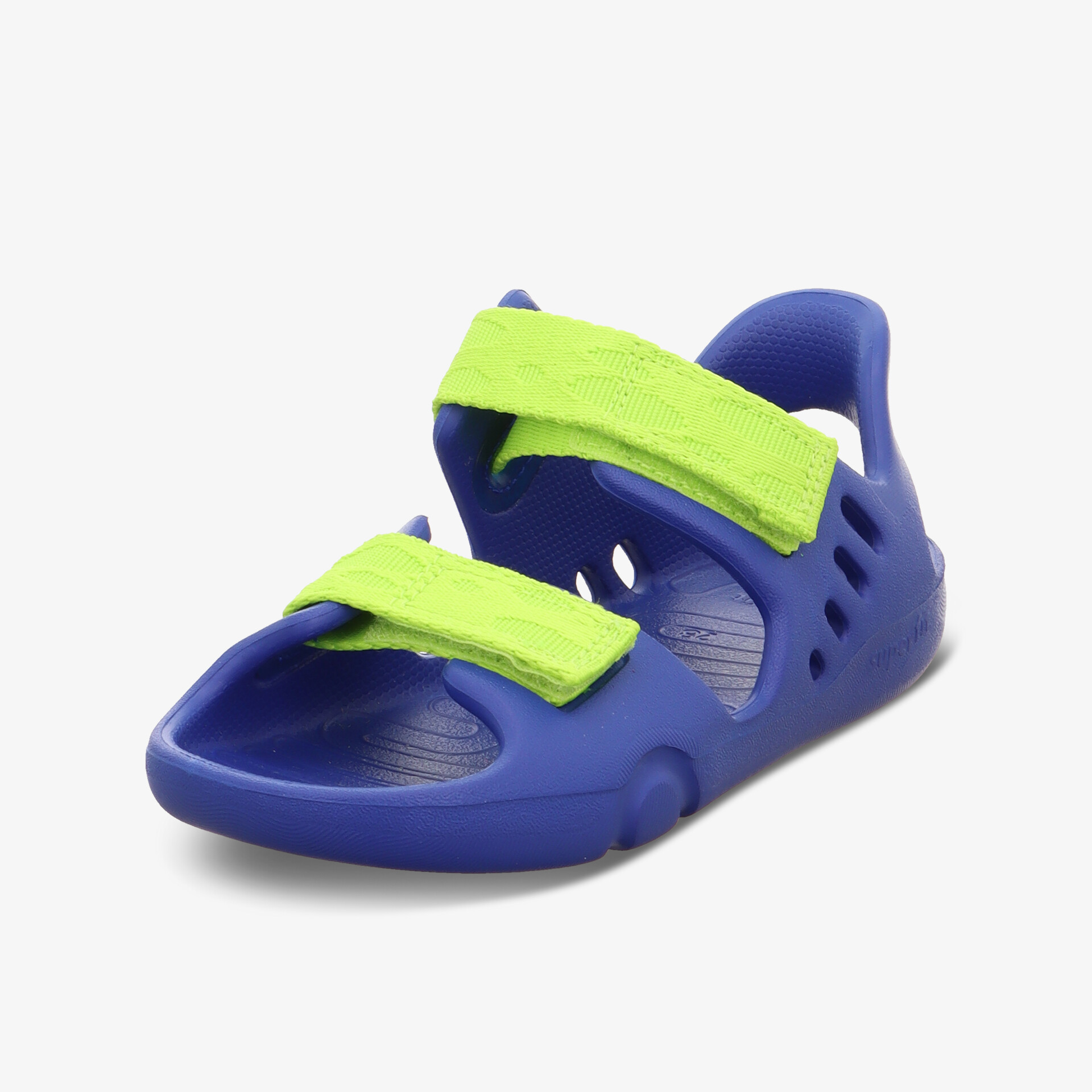 Leichte blaue Sandale mit neon grünen verstellbaren Klettverschlüssen, atmungsaktiv und rutschfest