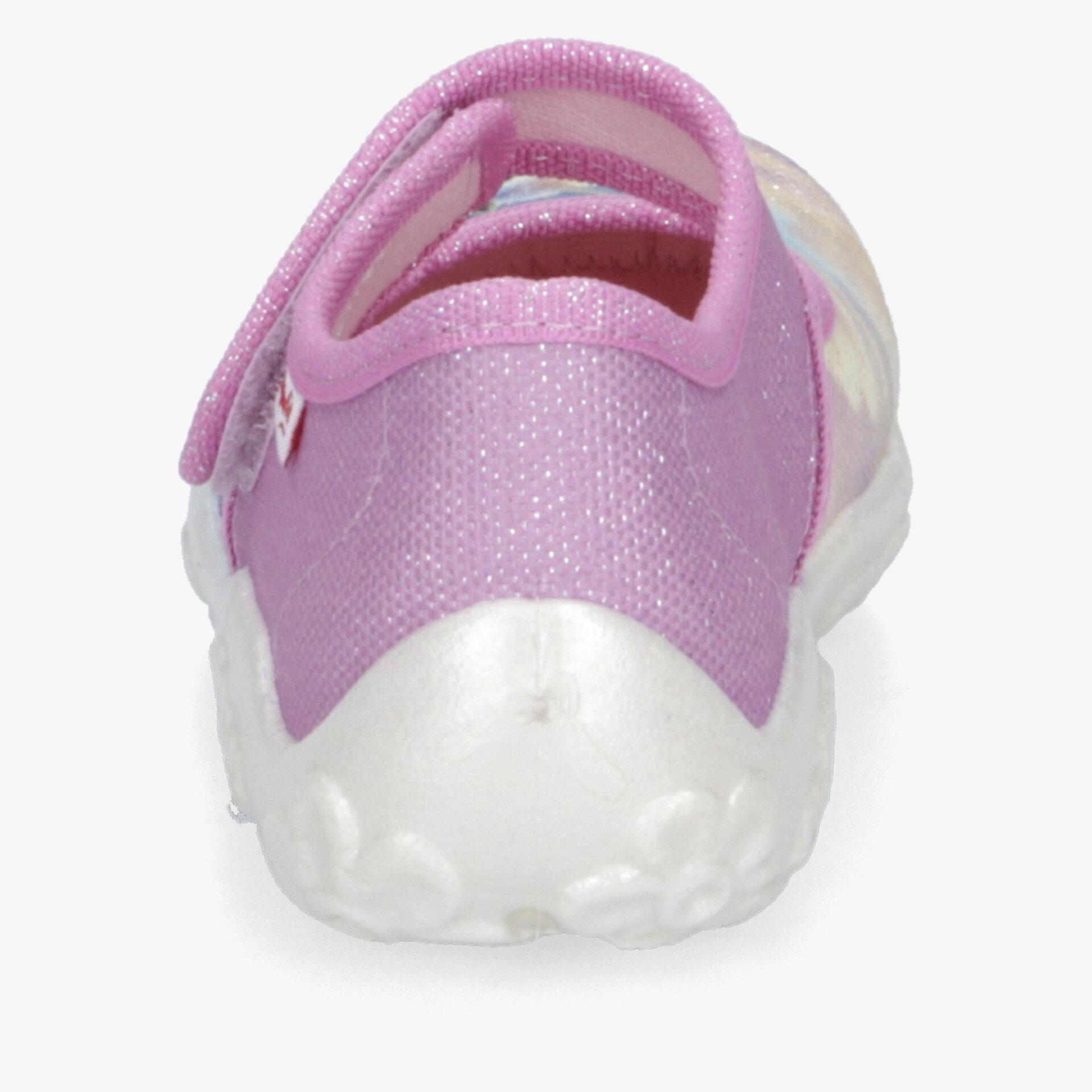 Rückansicht eines komfortablen rosa Schuhs mit rutschfester Sohle und praktischem Klettverschluss