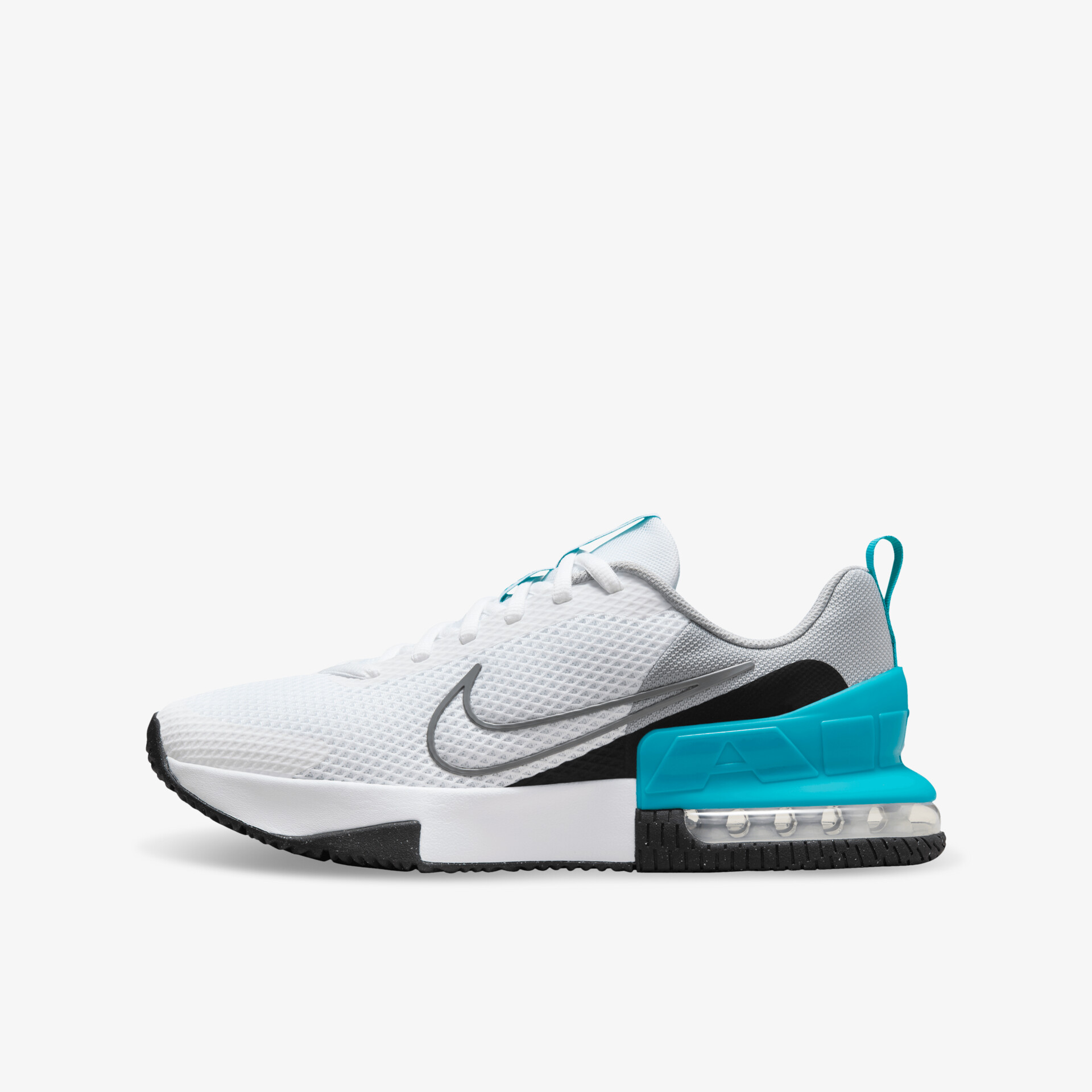 Seitliche Ansicht eines weißen Sportschuhs mit türkisem Akzent, atmungsaktiv und gedämpft für hohen Komfort