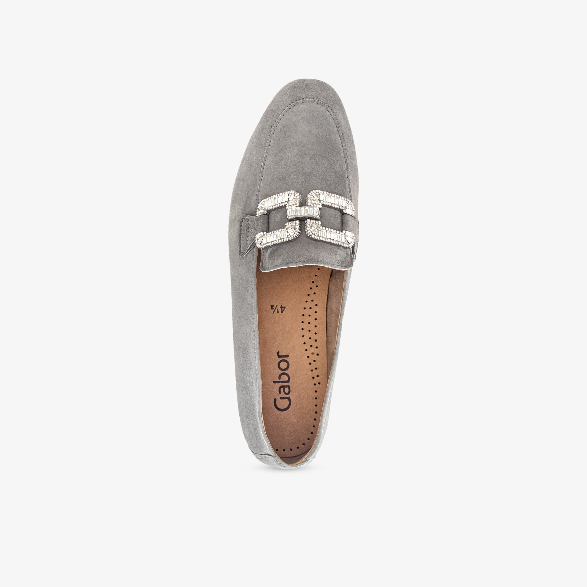 Eleganter grauer Loafer mit auffälligem Schmuckdetail und weicher Lederoberfläche für Komfort und Stil.