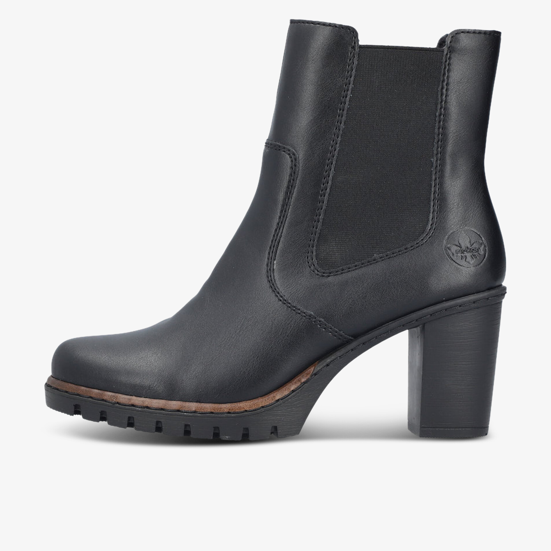 Eleganter schwarzer Stiefel aus Leder mit hohem Blockabsatz und seitlichem Elastikeinsatz in klarer Seitenansicht