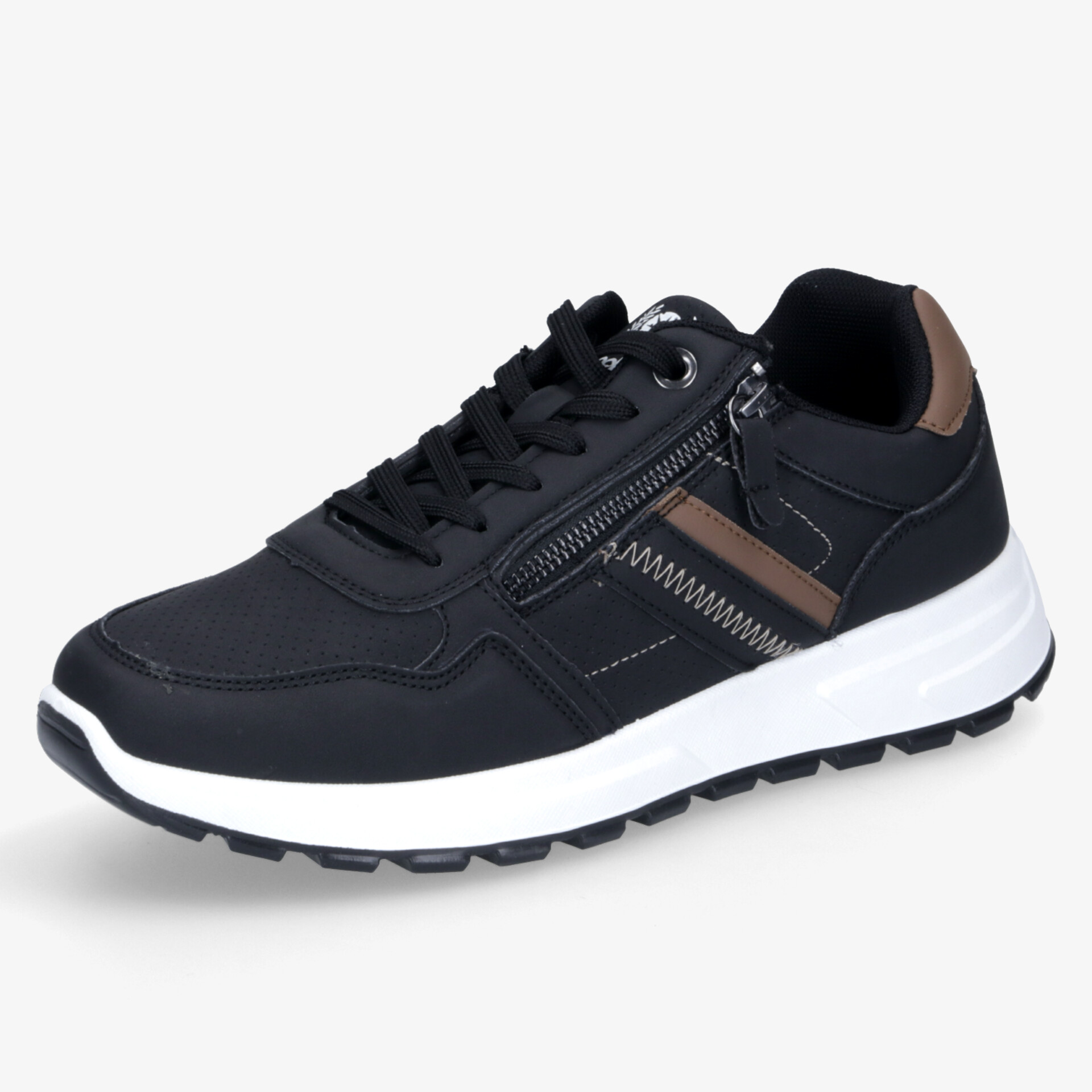 Schwarzer Sneaker seitlich mit Reißverschluss und Schnürsenkeln, komfortabel und sportlich im Design