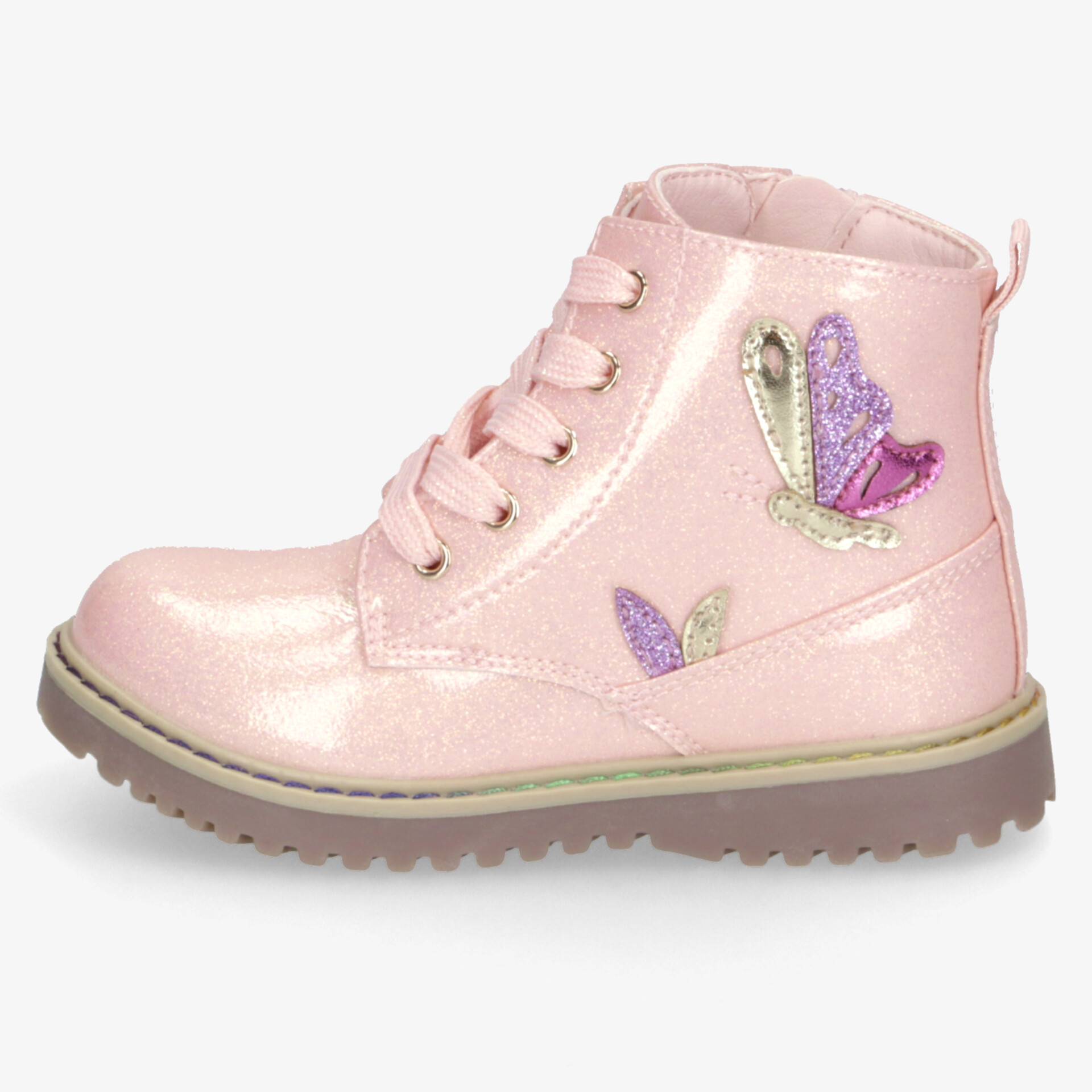 Glänzender rosa Kinderstiefel mit Schnürung und dekorativen Schmetterlingsmotiven, flexible profilierte Sohle