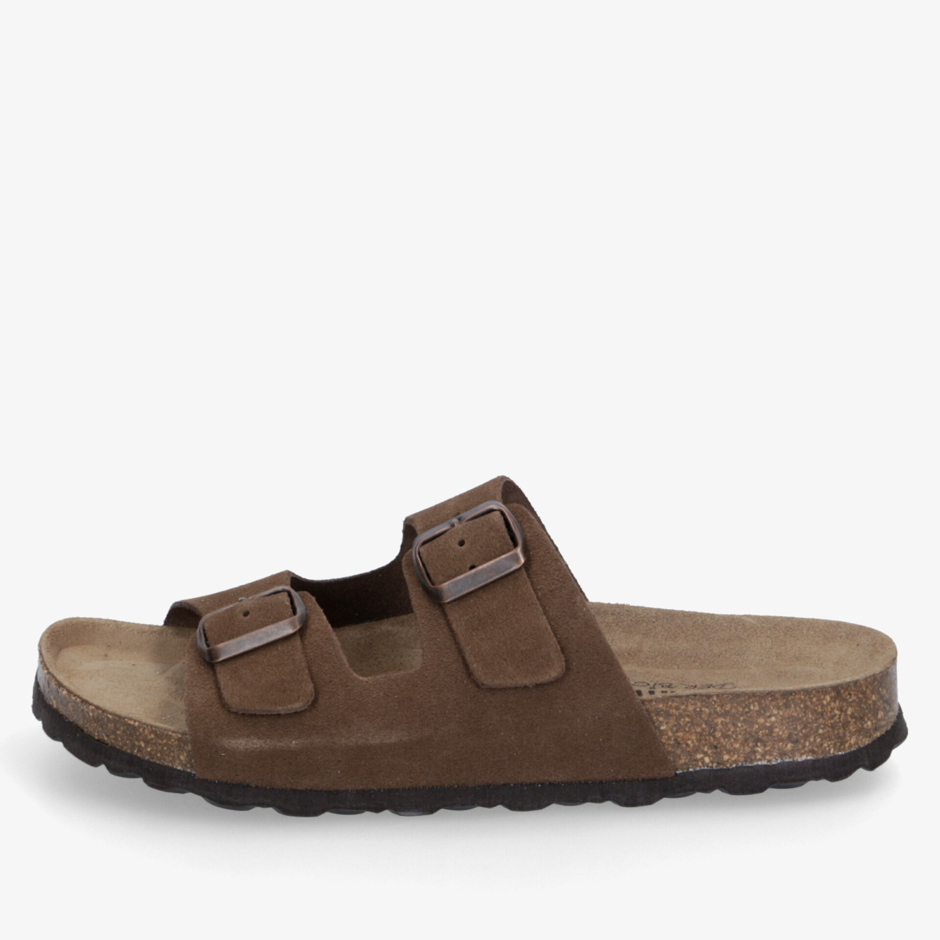 Braune komfortable Slide-Sandale mit verstellbaren Riemen und anatomischem Kork-Fußbett, rutschfeste Sohle
