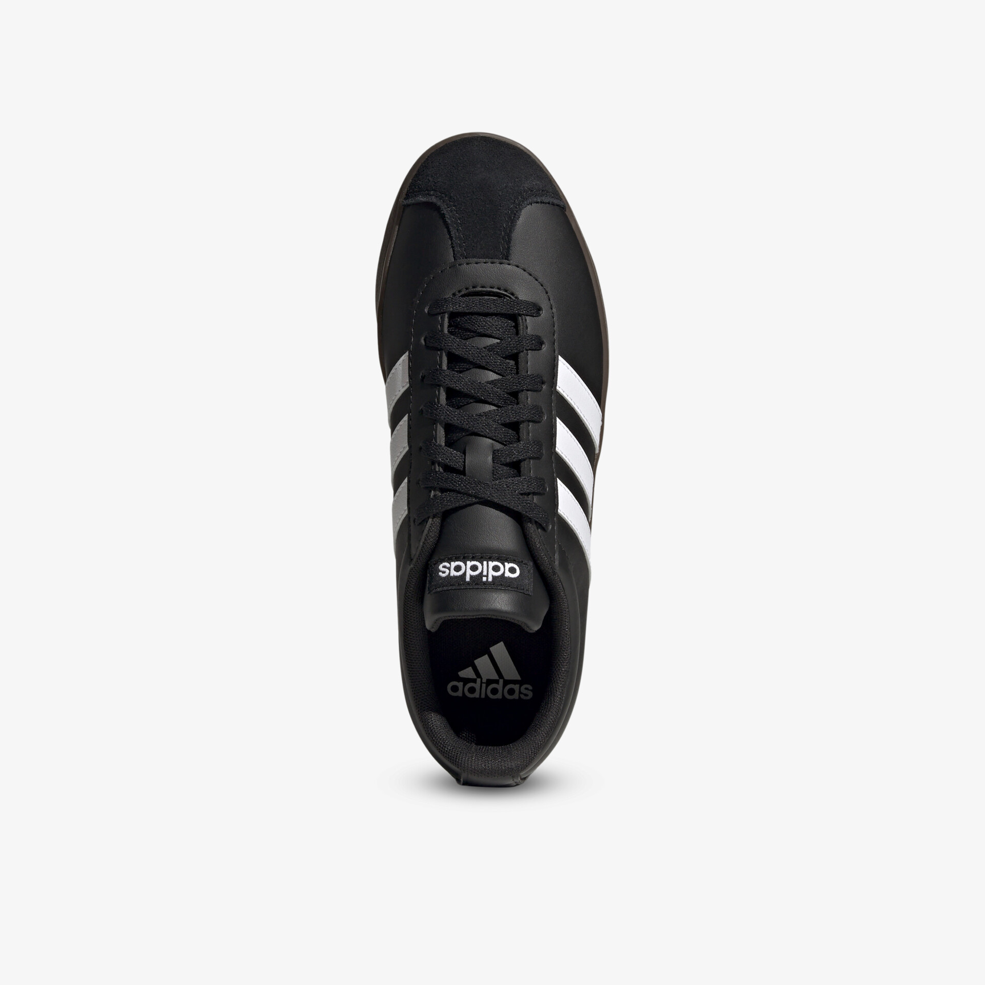 Schwarzer Adidas Schuh mit weißen Streifen und Schnürsenkeln, sportlich und bequem im klassischen Design