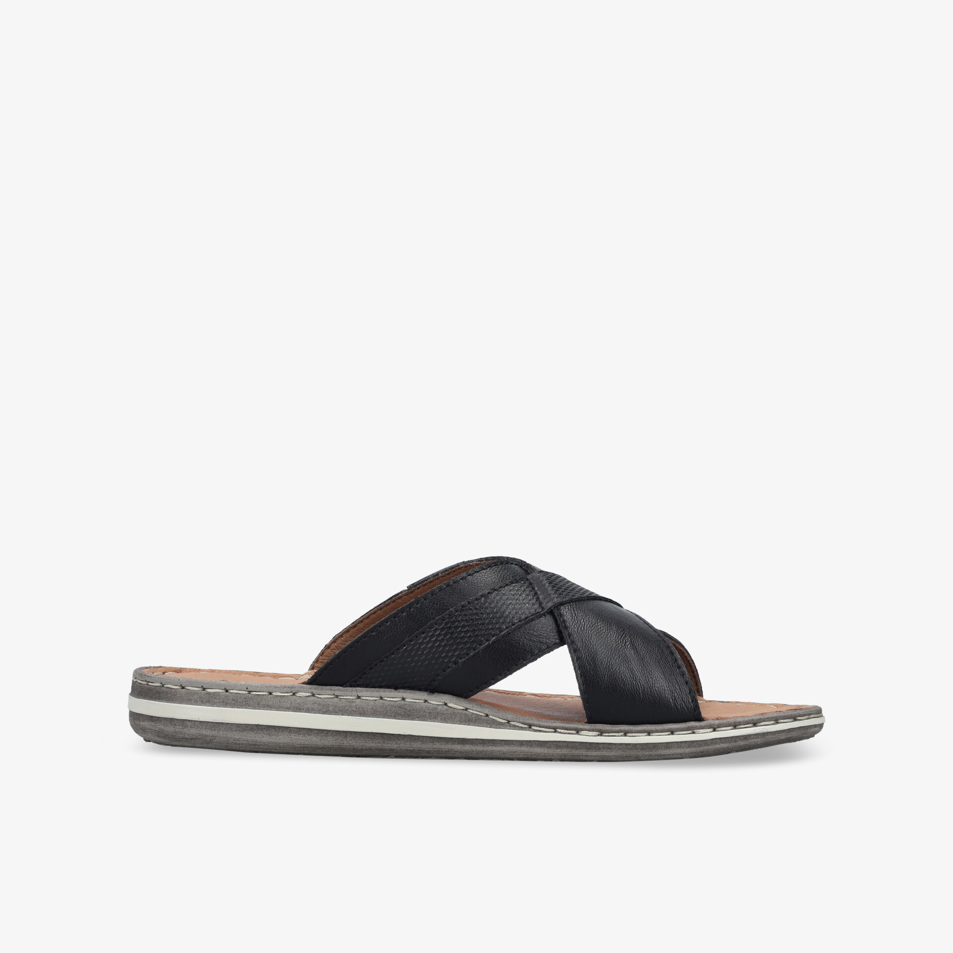 Leichte schwarze Sandalette mit rutschfester Sohle und eleganter, bequemer Passform, seitliche Ansicht