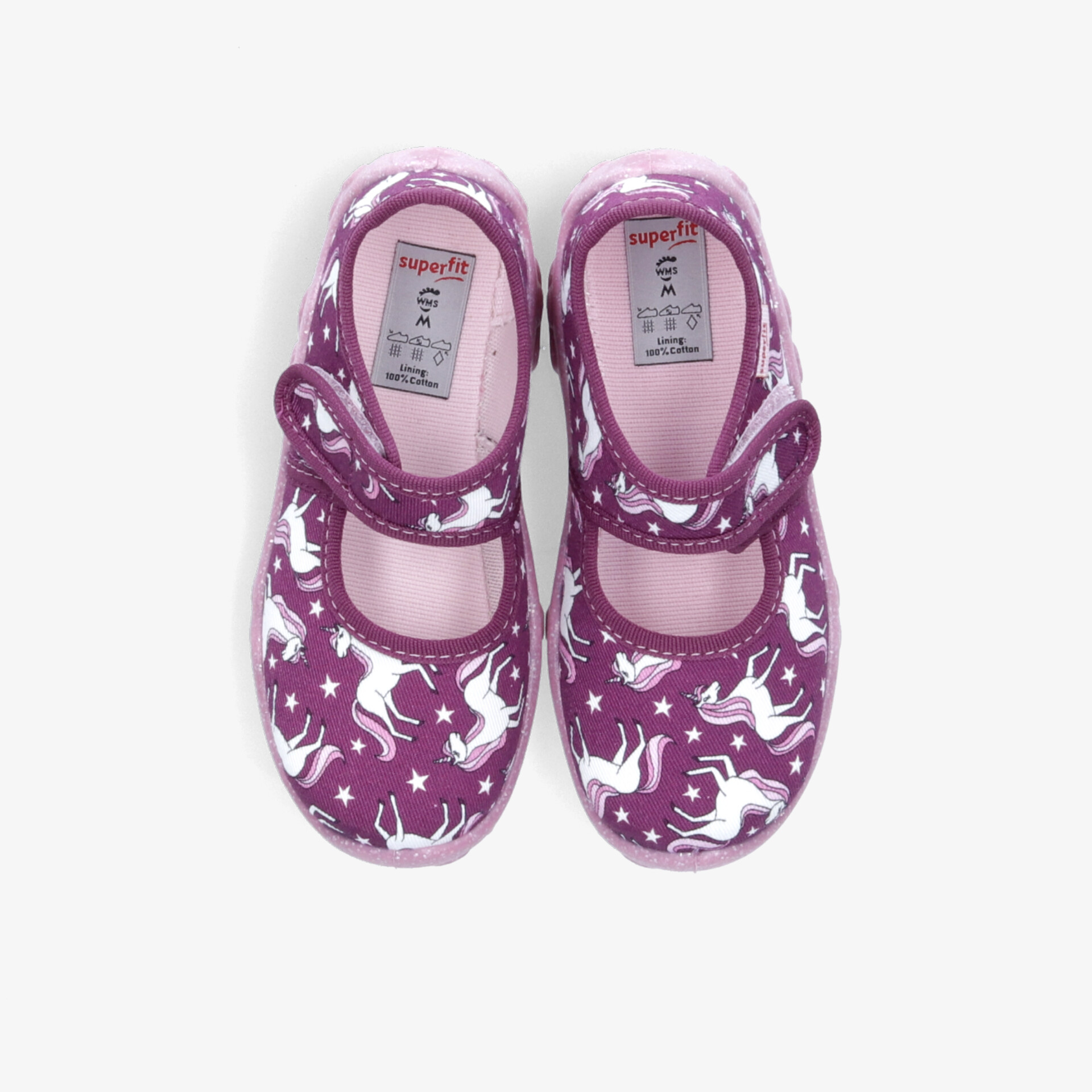 Bequeme kindliche Ballerinas in Lila mit weißem Einhorn Muster und praktischem Klettverschluss für leichten Einstieg