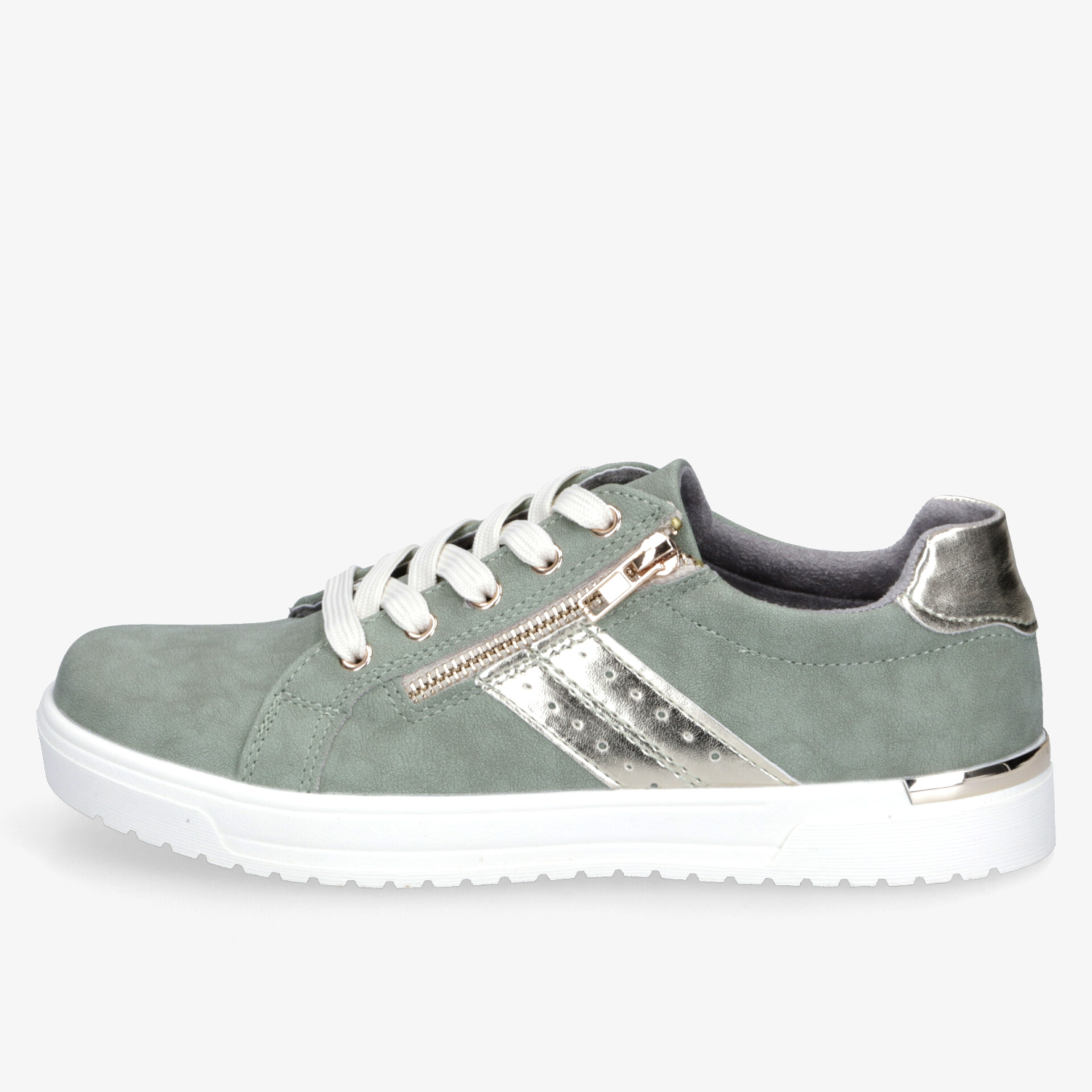 Moderner grüner Sneaker mit weißen Schnürsenkeln, metallic Details und praktischem Reißverschluss seitlich