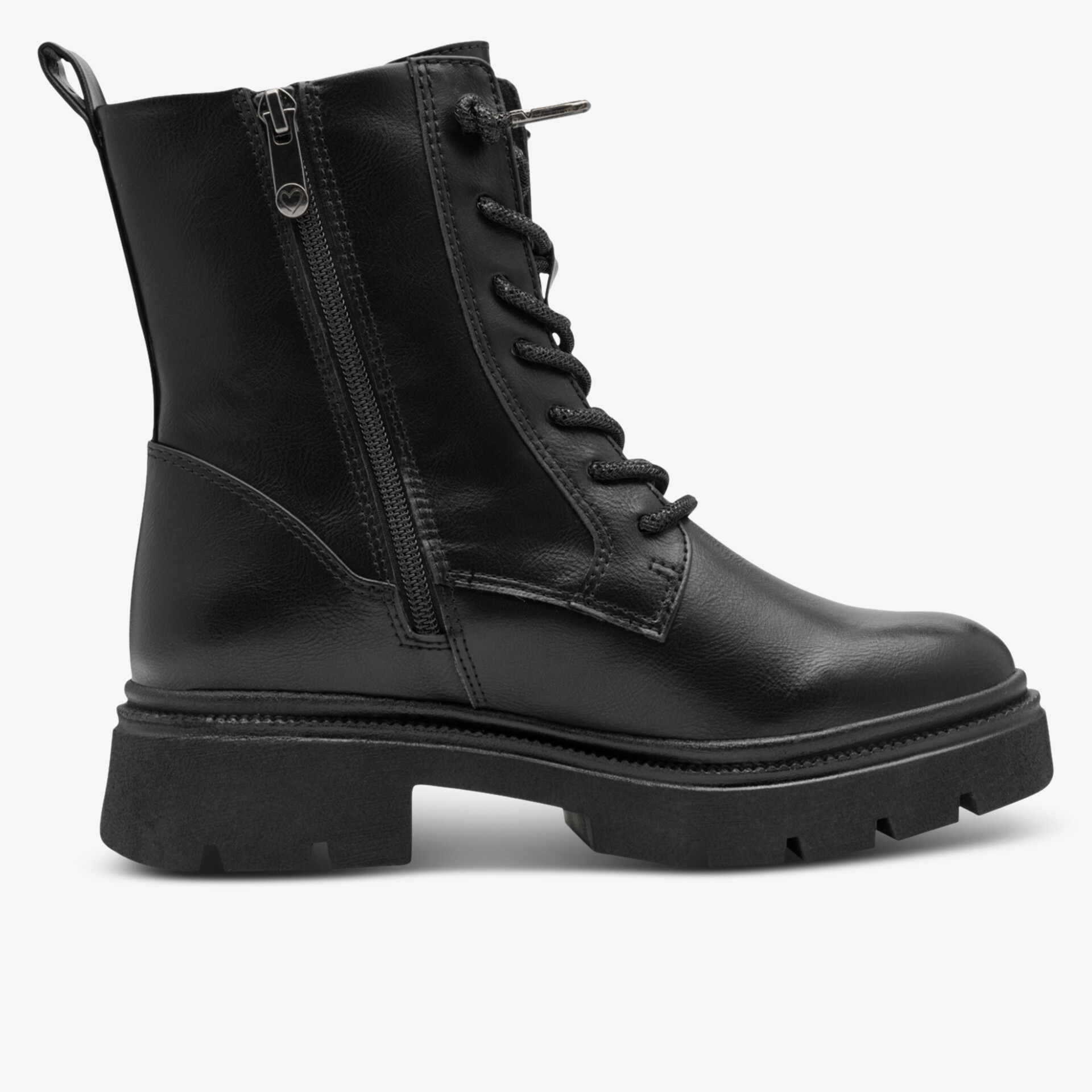 Robuster schwarzer Stiefel mit Schnürung und Reißverschluss, elegante Profilsohle für festen Halt