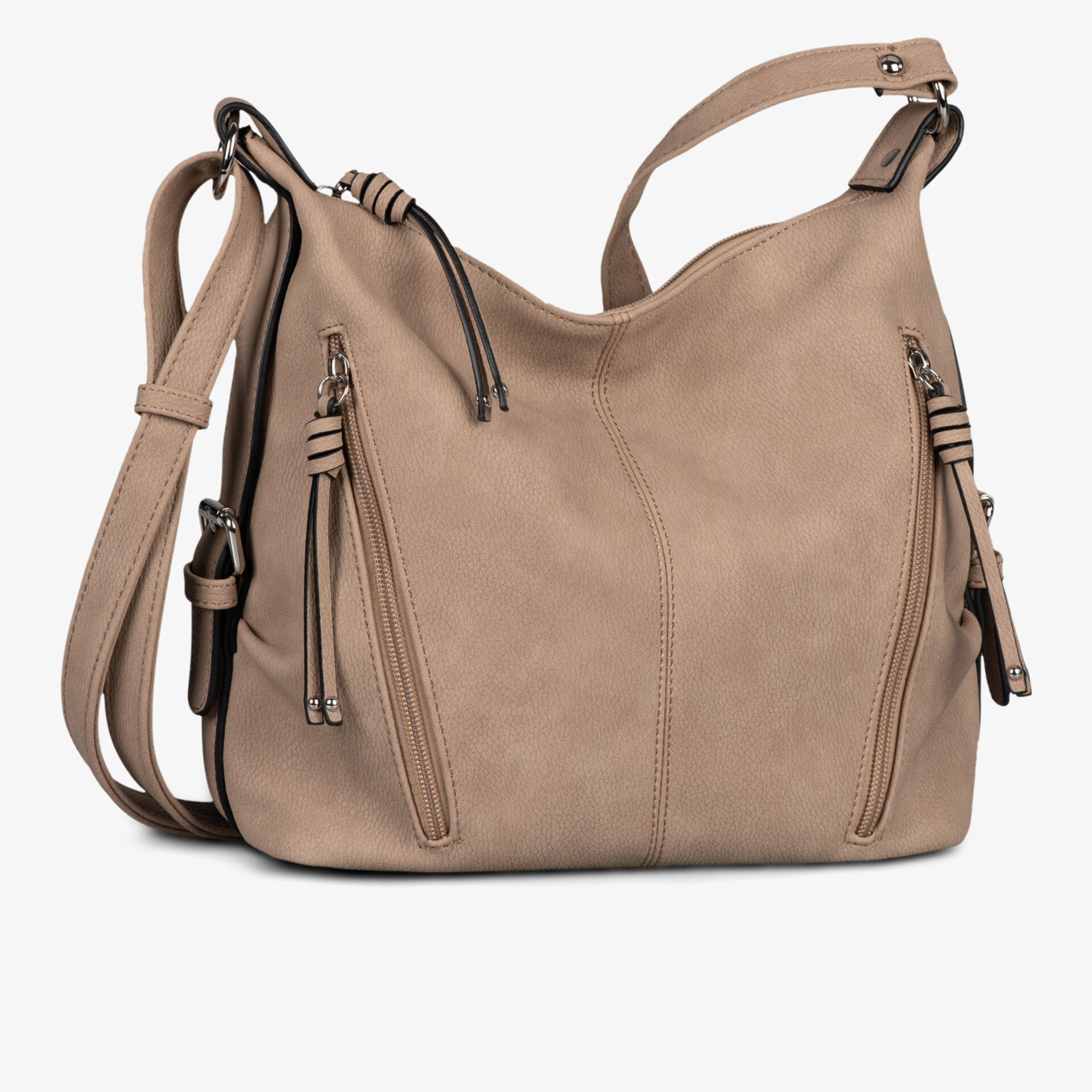 Beige Schultertasche aus weichem Material mit mehreren Reißverschlüssen und modernem Design