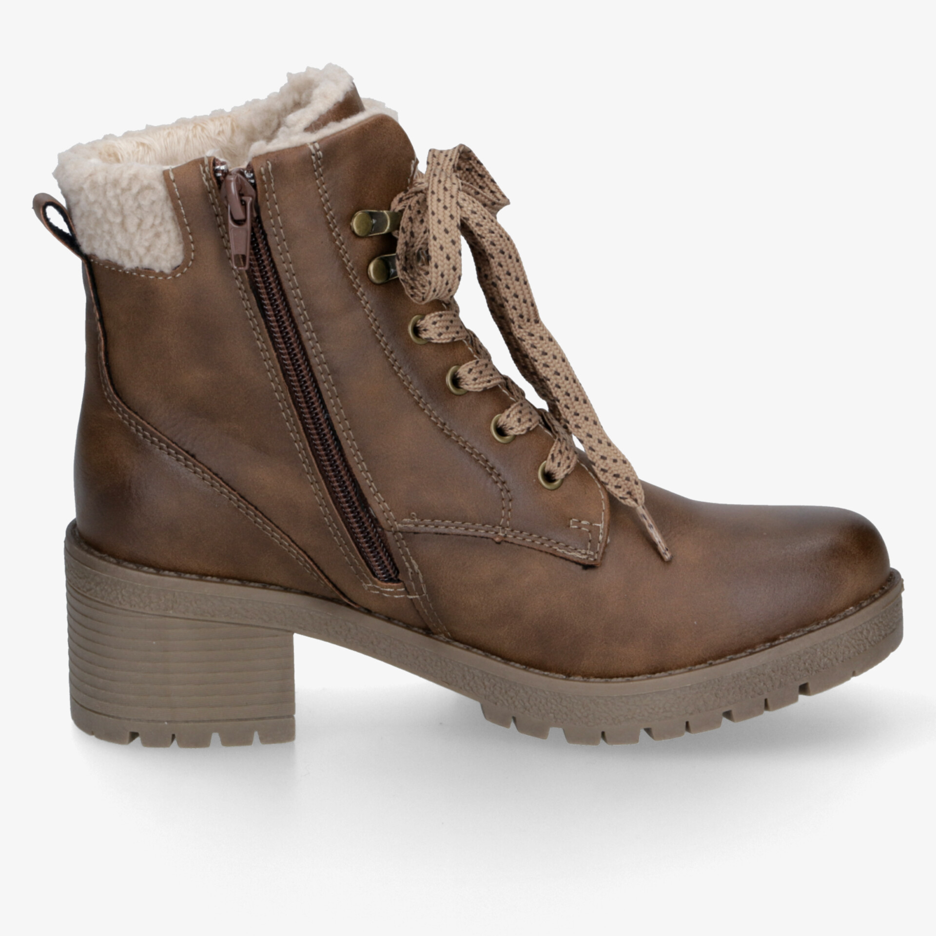 Robuster brauner Winterstiefel mit warmer Innenfütterung, Reißverschluss und stabilem Blockabsatz