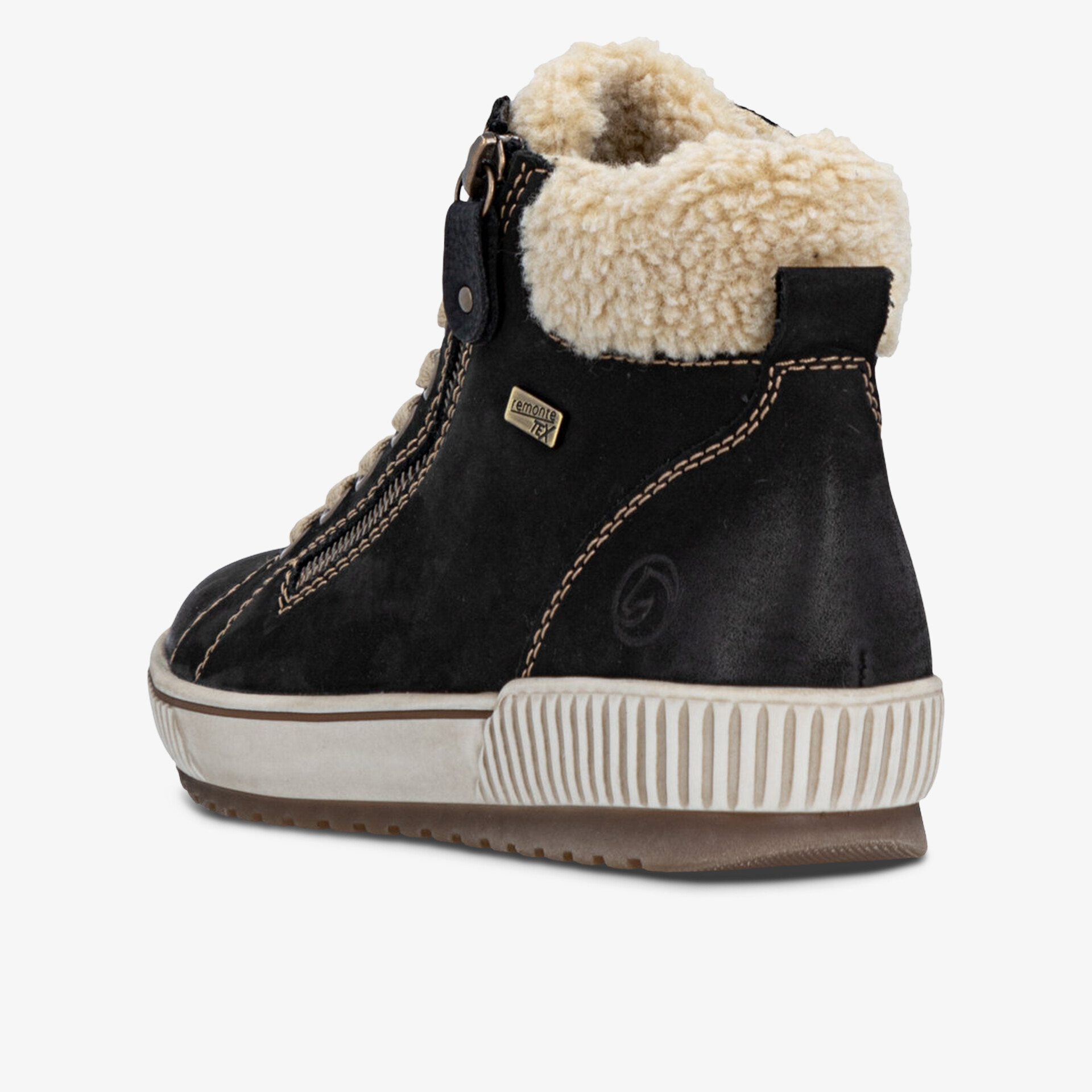 Seitliche Ansicht warmer Winterstiefel mit Fellkragen und rutschfester Sohle, komfortabel und robust