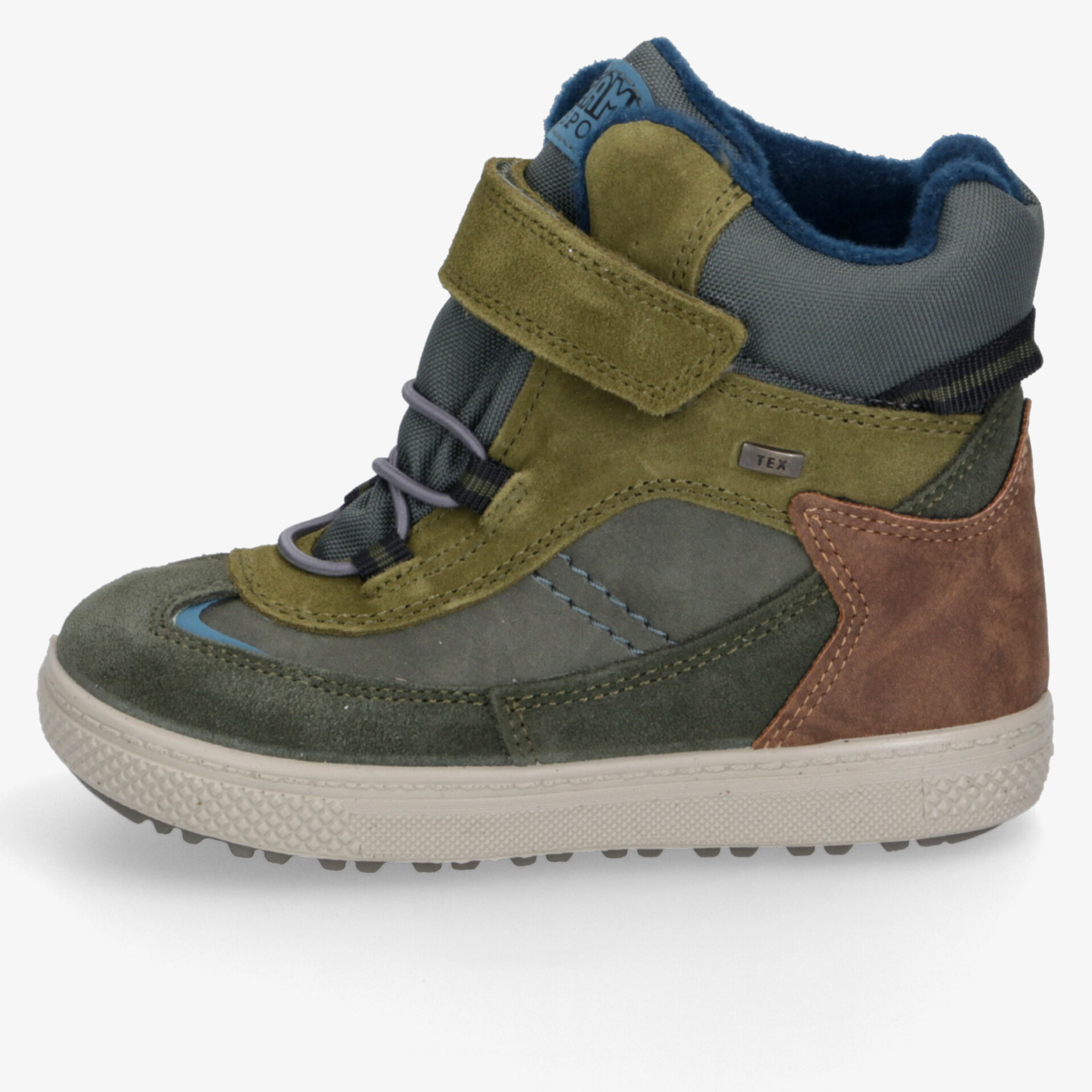 Hoher Funktionsschuh in Oliv- und Brauntönen mit robustem Material und verstellbarem Klettverschluss seitlich